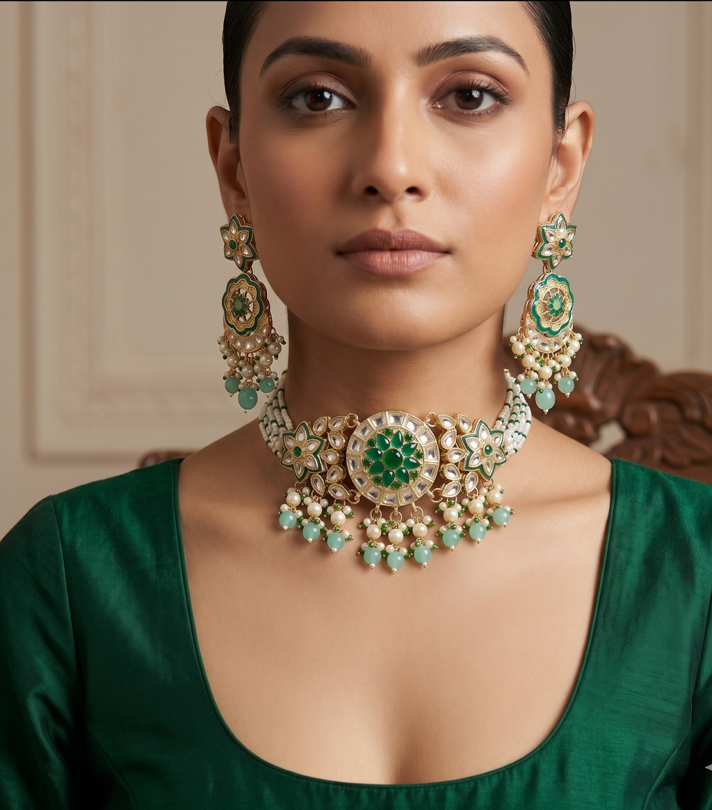 Siya Royal Kundan Choker Set | Kundan Choker Necklace Set with Earrings, Green and Gold, Pearl Beads, Floral Design, Traditional Indian Jewellery