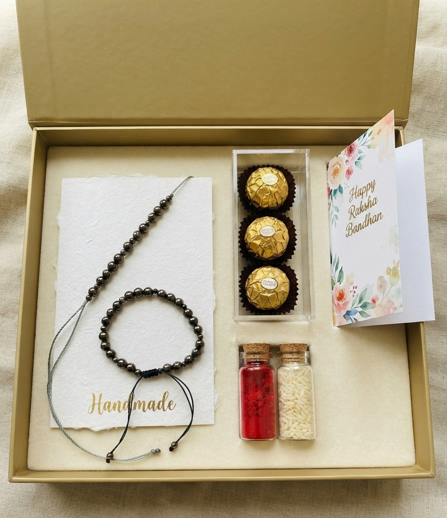 TNT Pyrite Beaded Bhai and Bhabhi Rakhi abd Bracelet Set with Adjustable Cord, Set of 2, Couple rakhi with original pyrite crystal beads