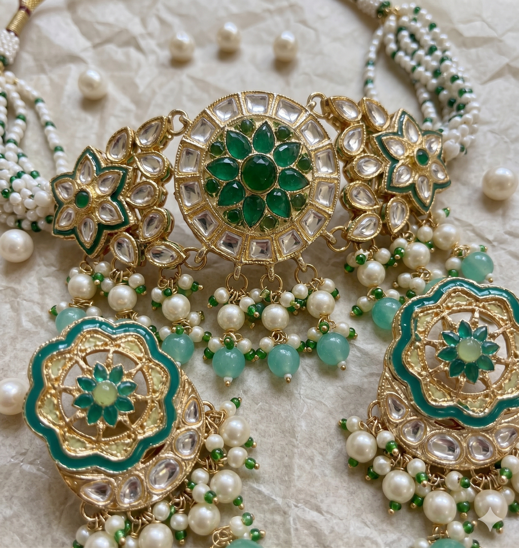 Siya Royal Kundan Choker Set | Kundan Choker Necklace Set with Earrings, Green and Gold, Pearl Beads, Floral Design, Traditional Indian Jewellery