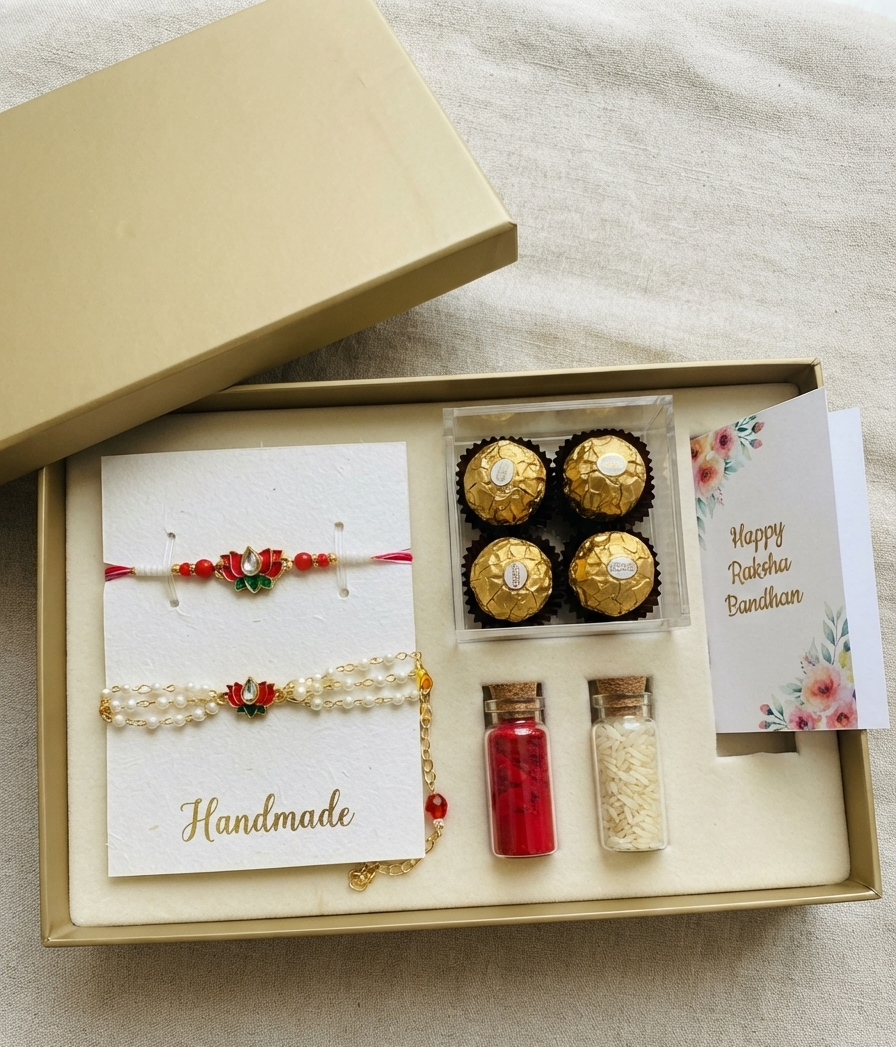 Lotus Rakhi and Lumba Set, Kundan Meenakari with Pearl Chain, Couple rakhi set for bhai and bhabhi