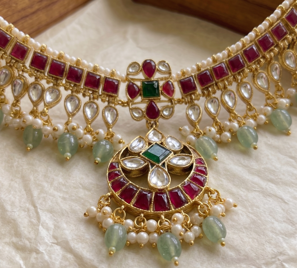 Chandrika kemp necklace set | Gold-Toned Kemp Kundan Necklace Set with Earrings, Red Green Stones, Pearl Drops, Bridal Jewellery