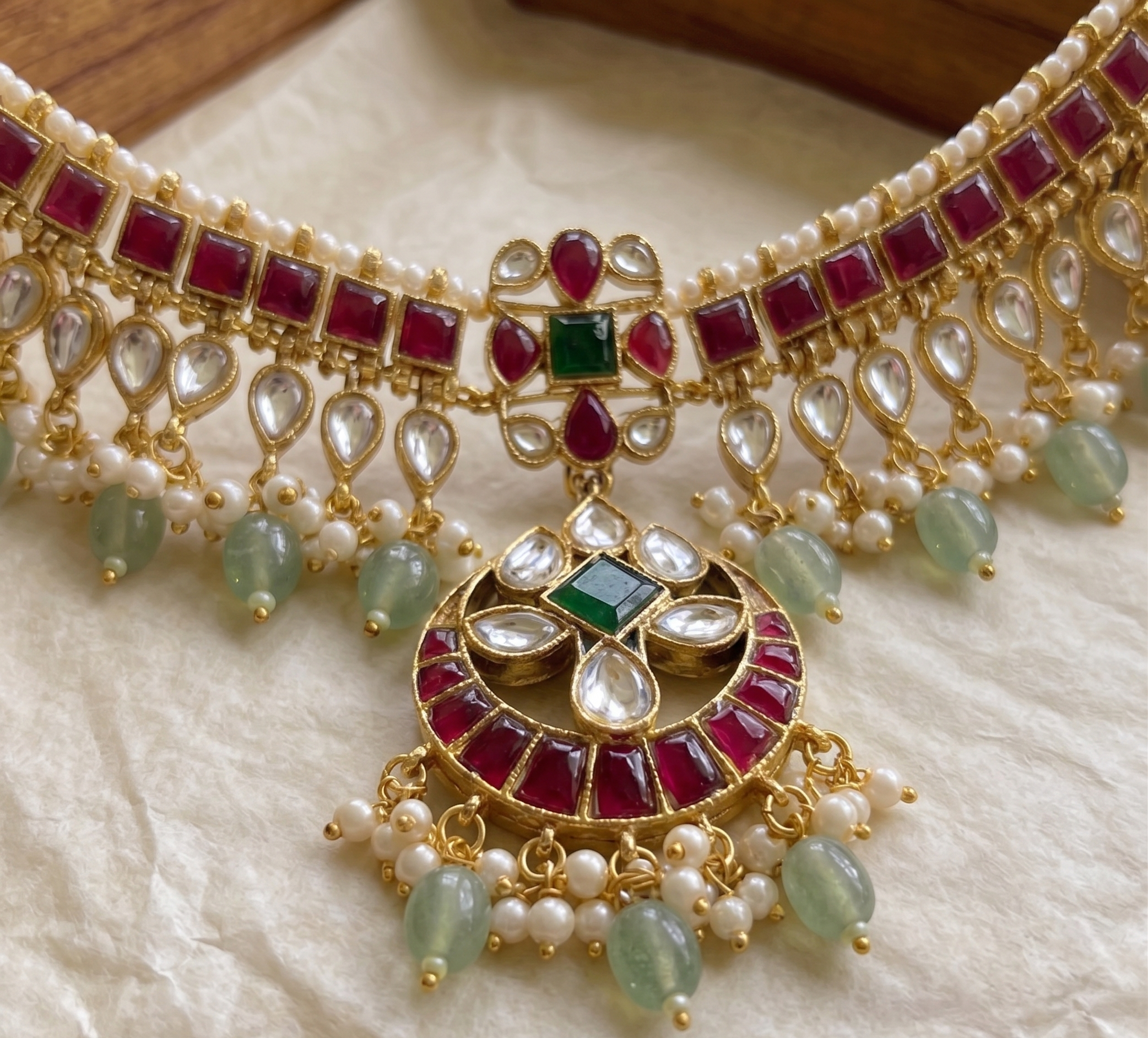 Chandrika kemp necklace set | Gold-Toned Kemp Kundan Necklace Set with Earrings, Red Green Stones, Pearl Drops, Bridal Jewellery