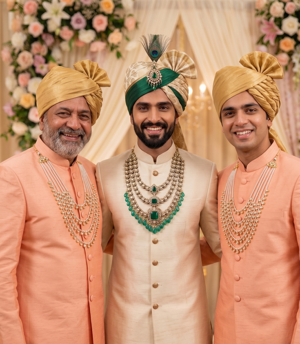 Royal Emerald Kundan Layered Groom Necklace | Sherwani Mala