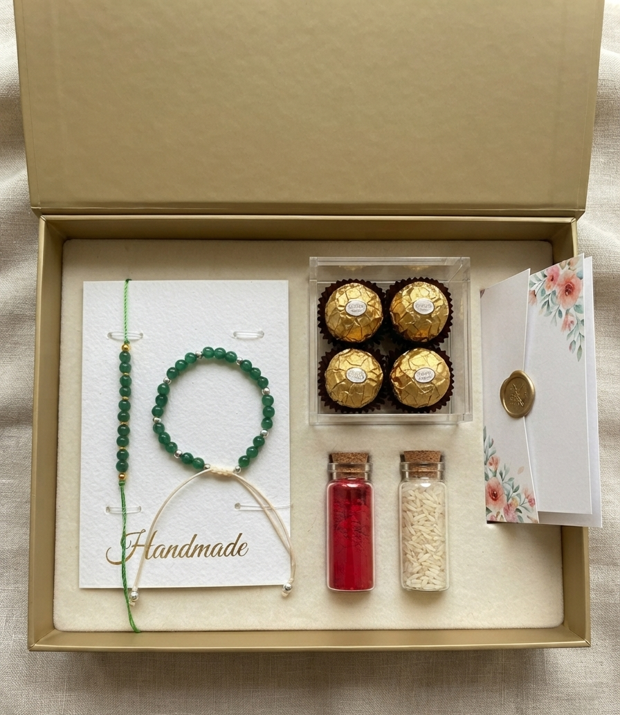 TNT designs Handmade Green Aventurine Rakhi and Bracelet Combo for Bhai and Bhabhi - Rakshabandhan Rakhi Set with Adjustable Thread for Brother & Sister-in-Law