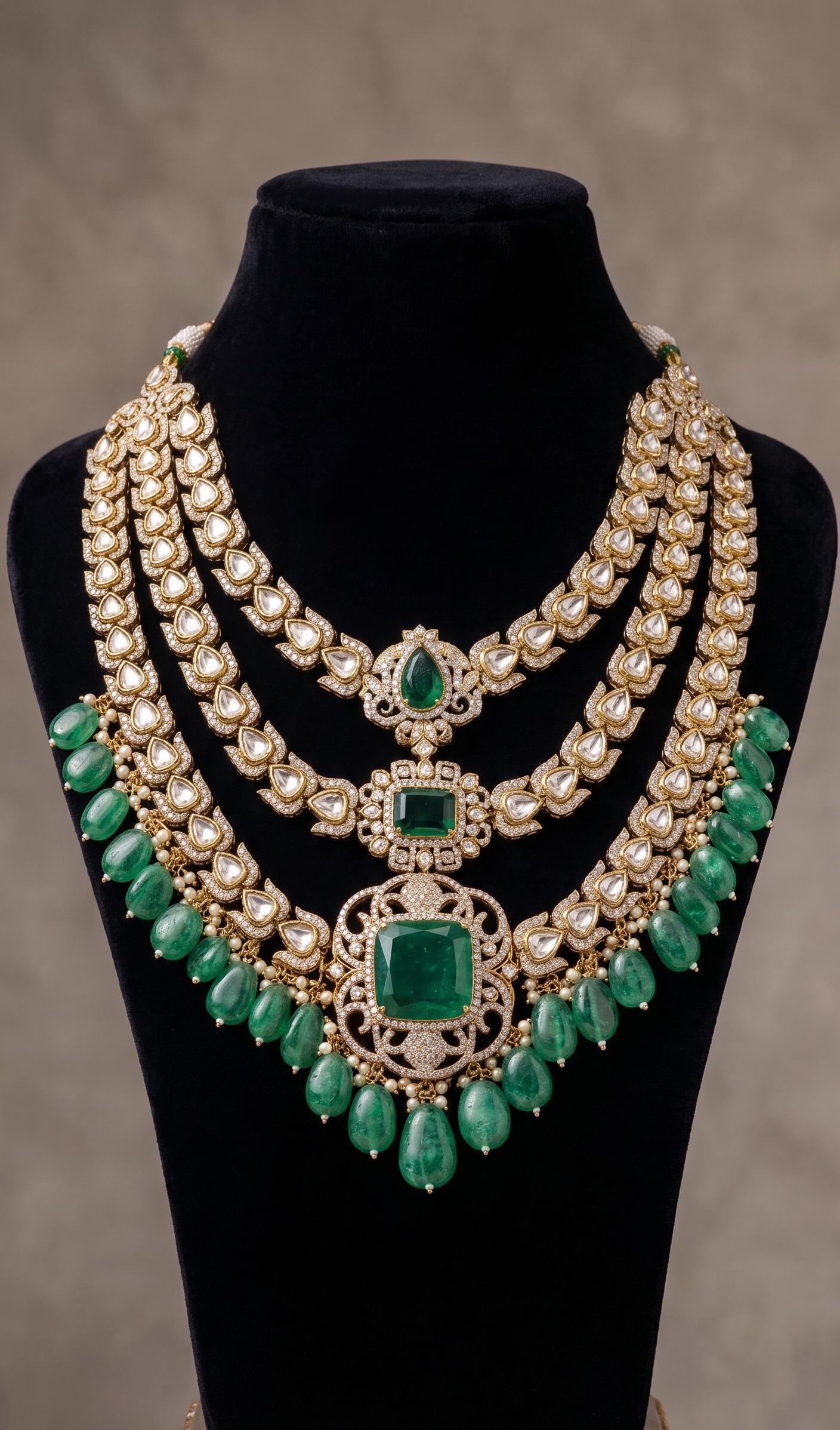 Royal Emerald Kundan Layered Groom Necklace | Sherwani Mala