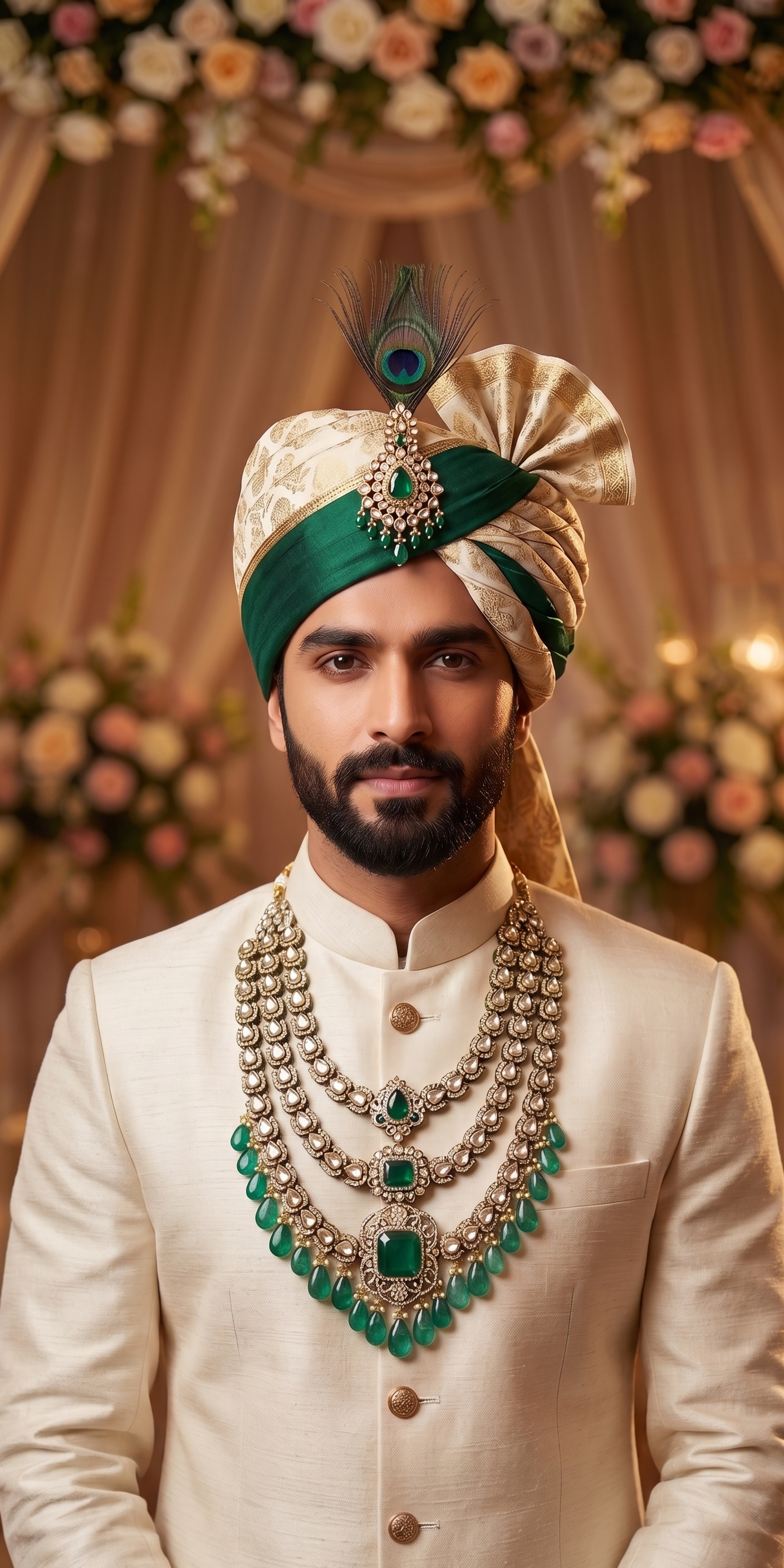 Royal Emerald Kundan Layered Groom Necklace | Sherwani Mala