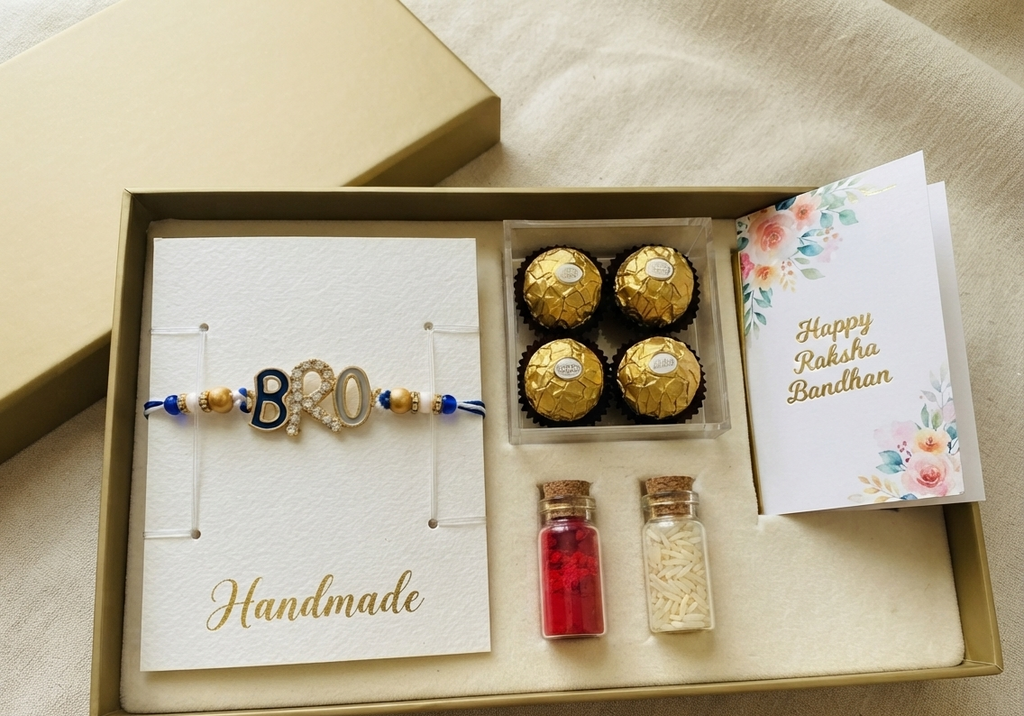 TNT Designs Stylish BRO Letter Rakhi for Brother | Navy Blue Gold Twisted Thread Rakhi with Bead Accents | BRO Design for Brother with Diamond Studded Letters