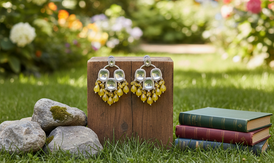 Meher chandbali earrings with beads and mossanite stones