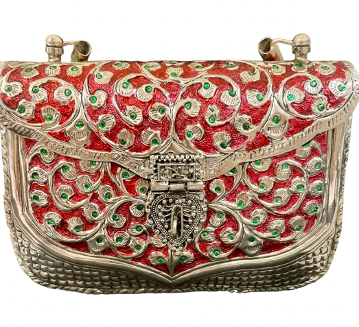 Red and silver metal bag for women