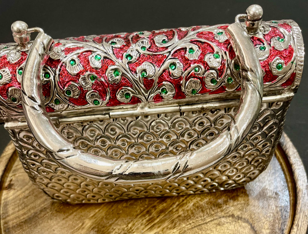 Red and silver metal bag for women