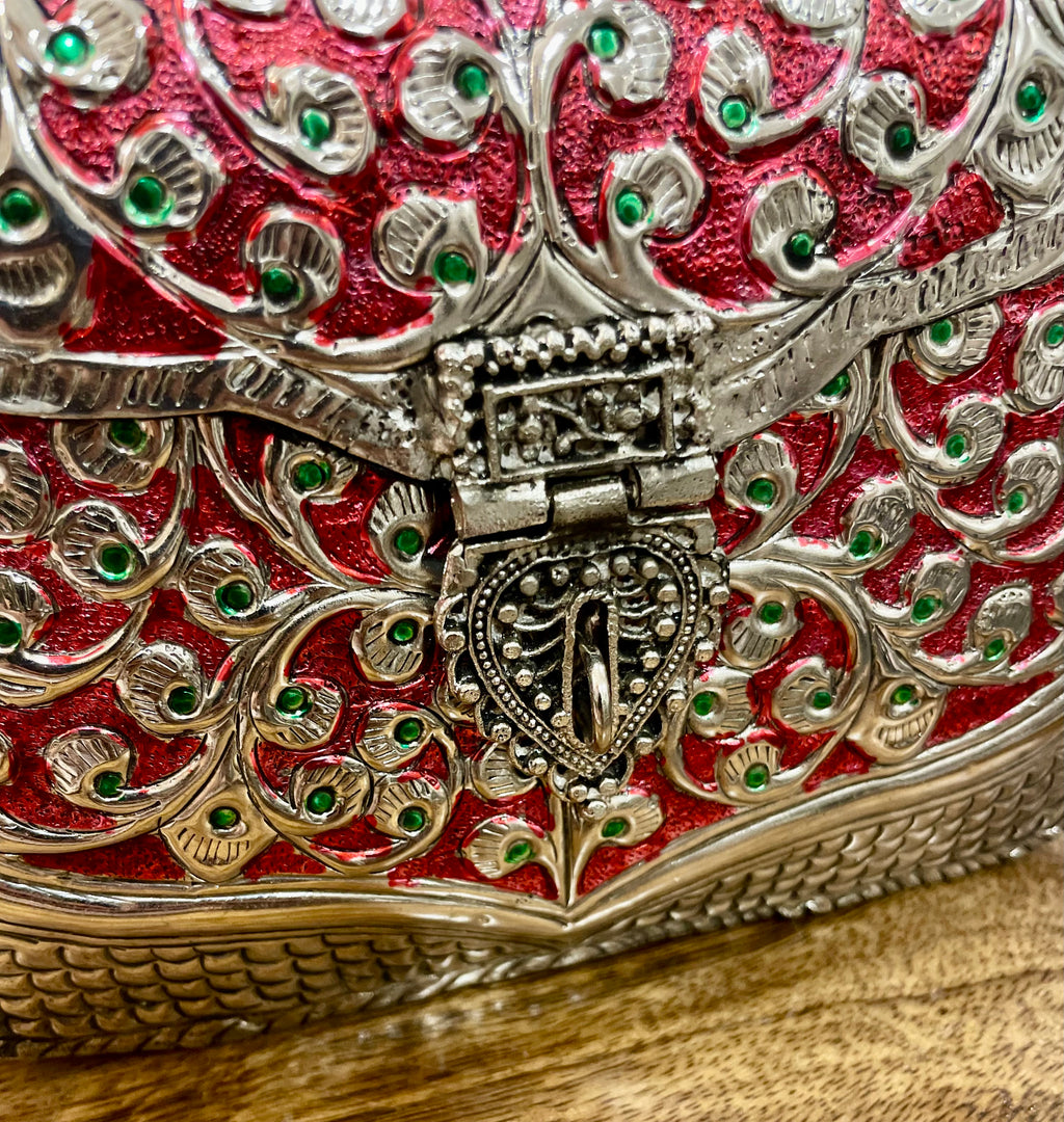 Red and silver metal bag for women