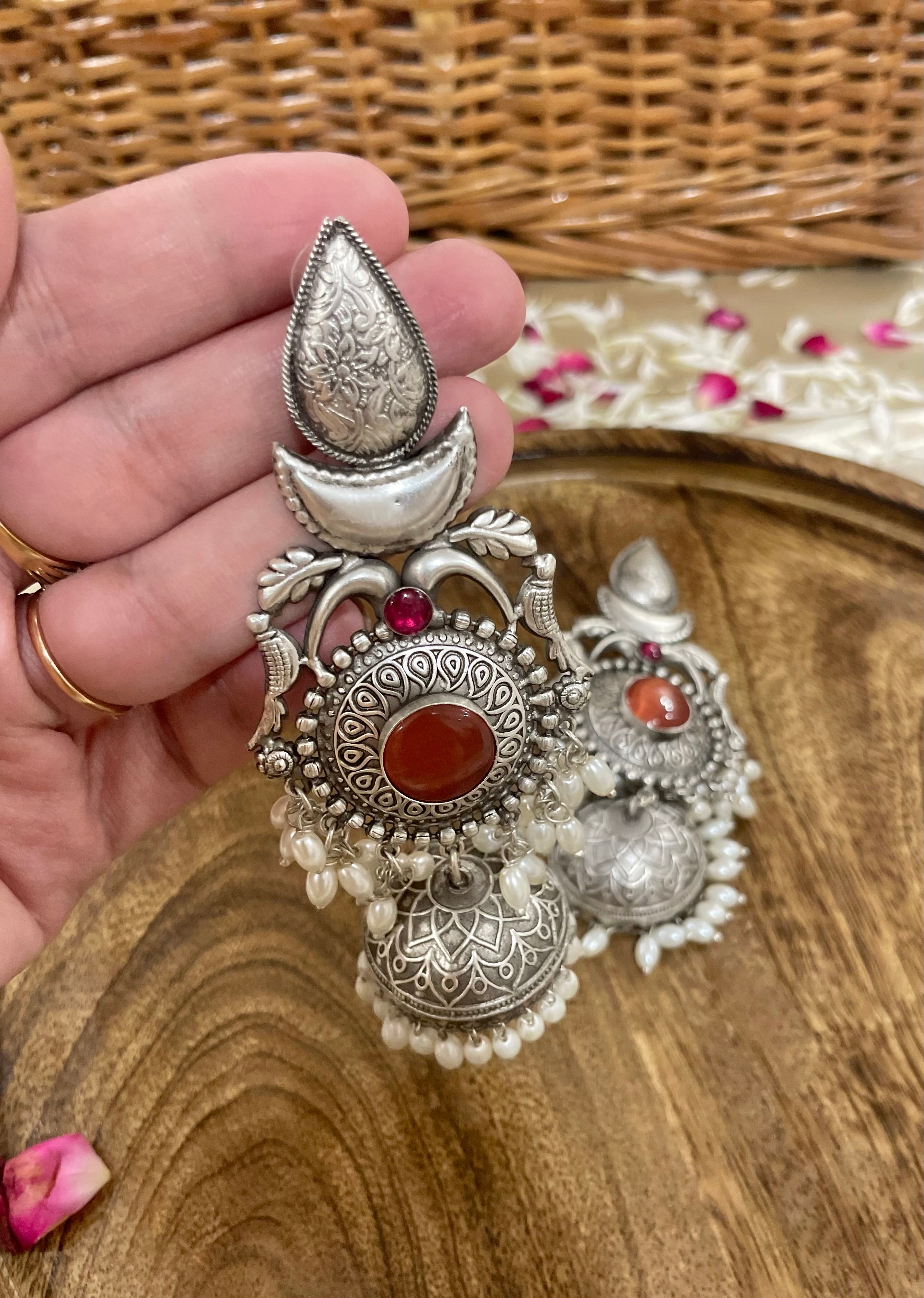 Rani silver oxidised Jhumkas