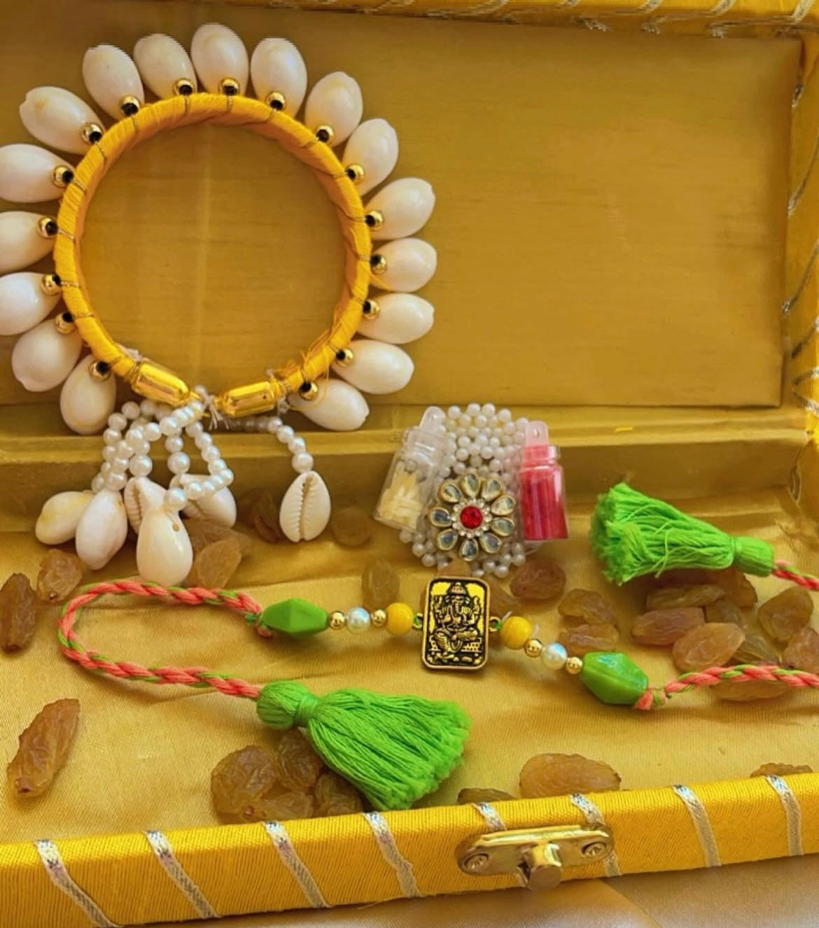 Ganesha rakhi combo with yellow green beads- Rakhi for bhai bhabhi