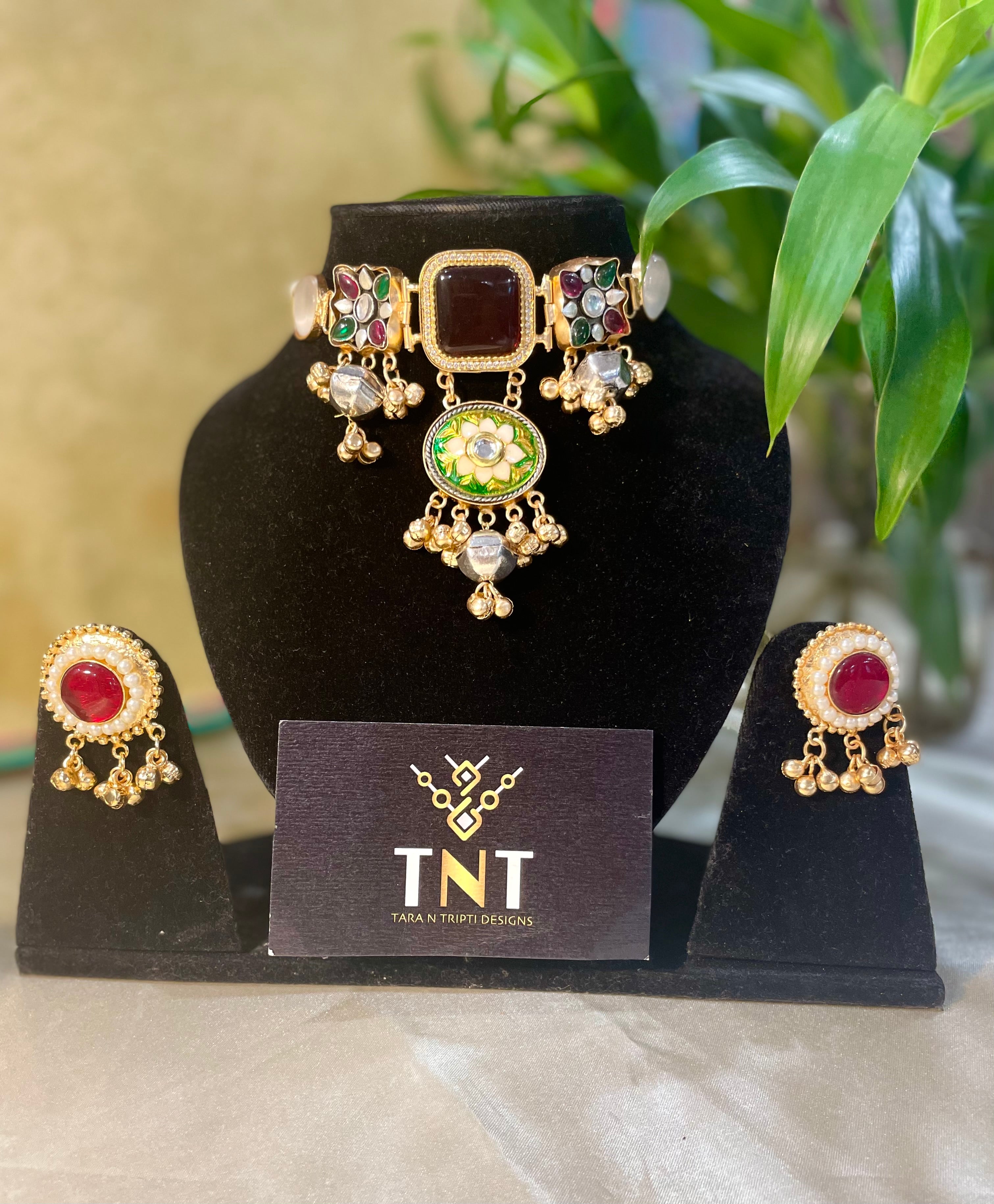 Kashmiri brass choker set - Maroon color