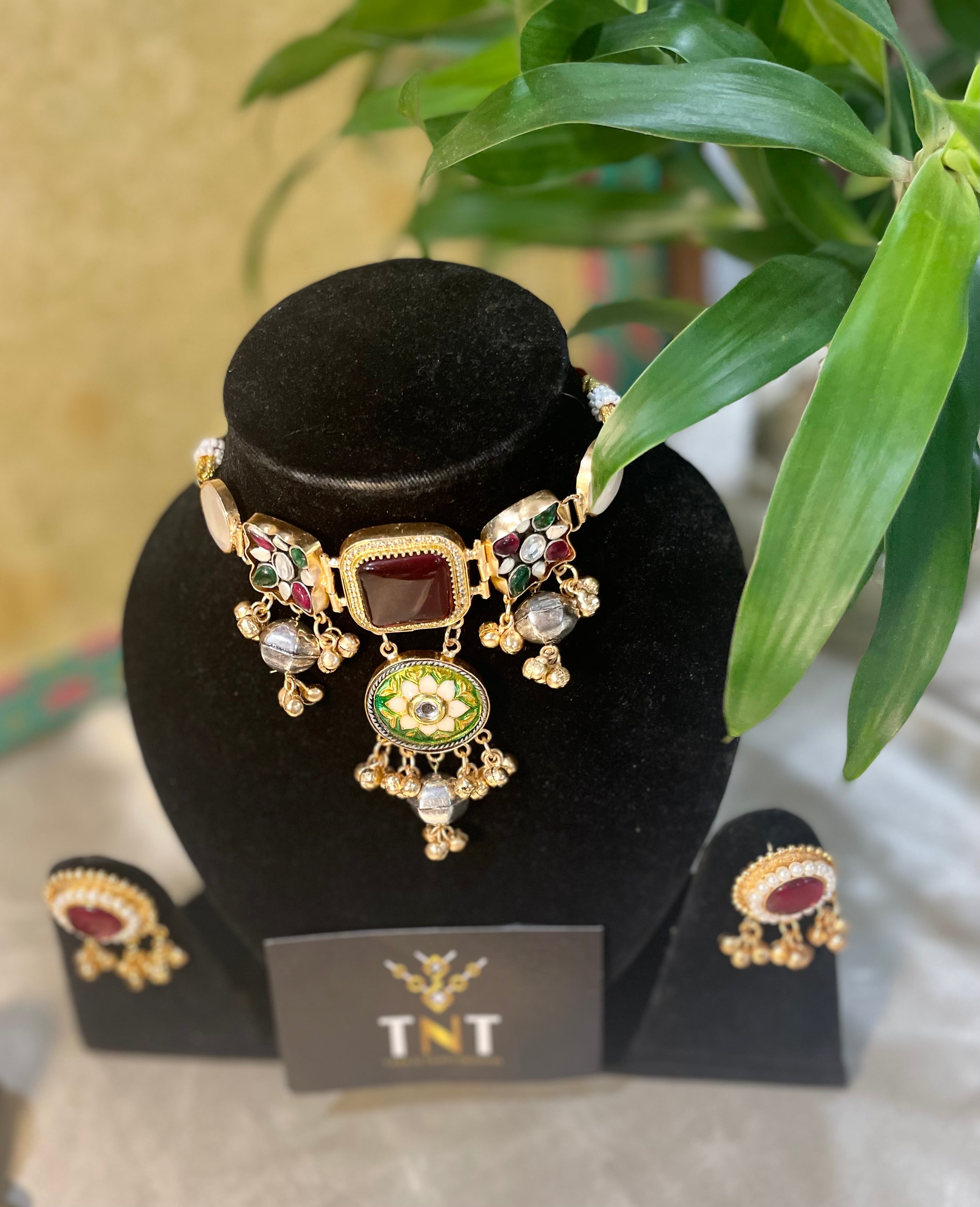 Kashmiri brass choker set - Maroon color