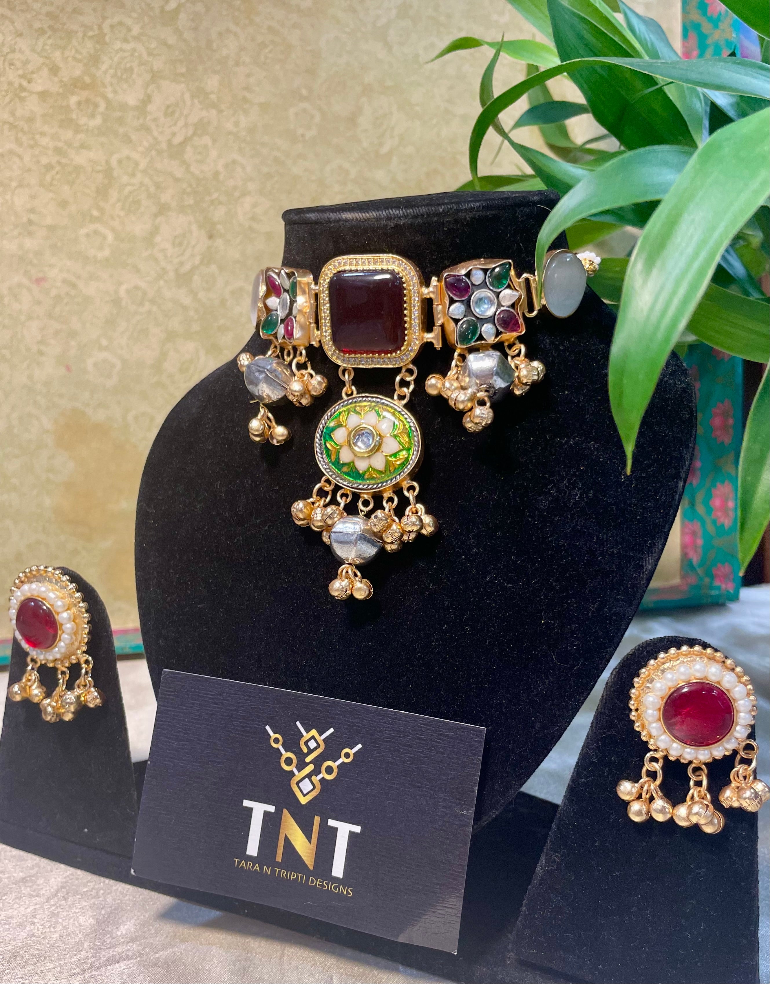 Kashmiri brass choker set - Maroon color