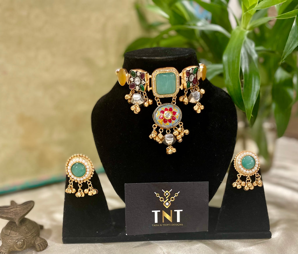 Kashmiri brass choker with earrings- Mint green