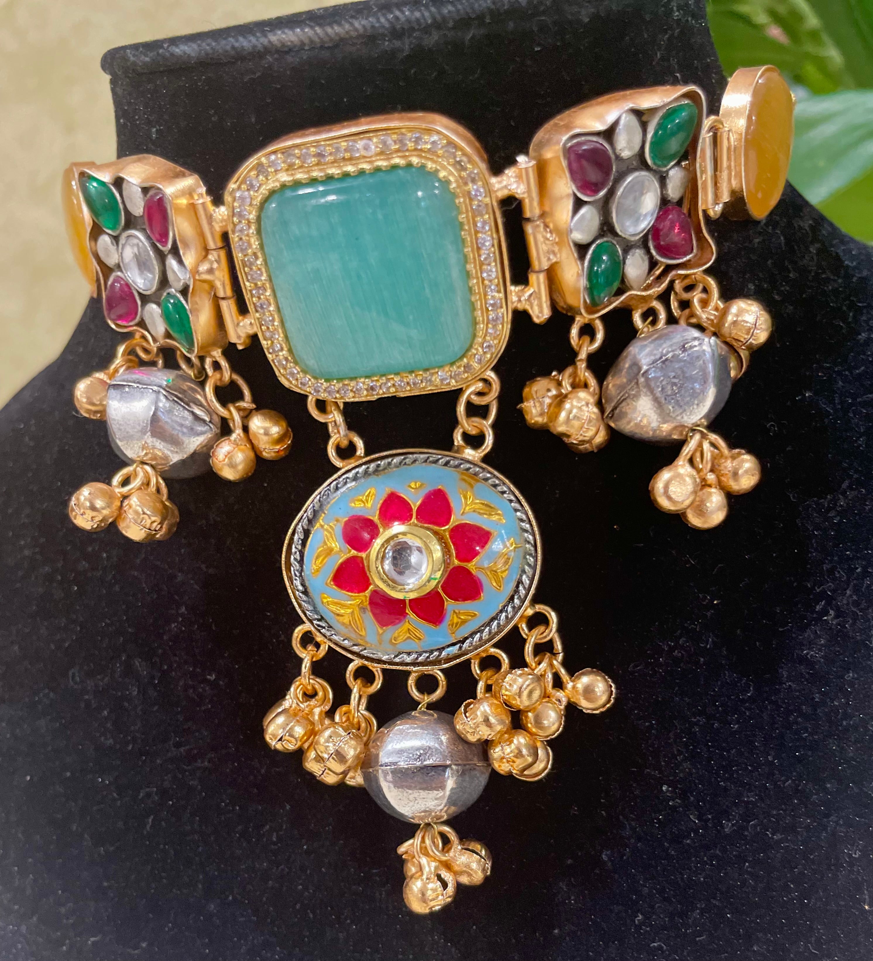 Kashmiri brass choker with earrings- Mint green
