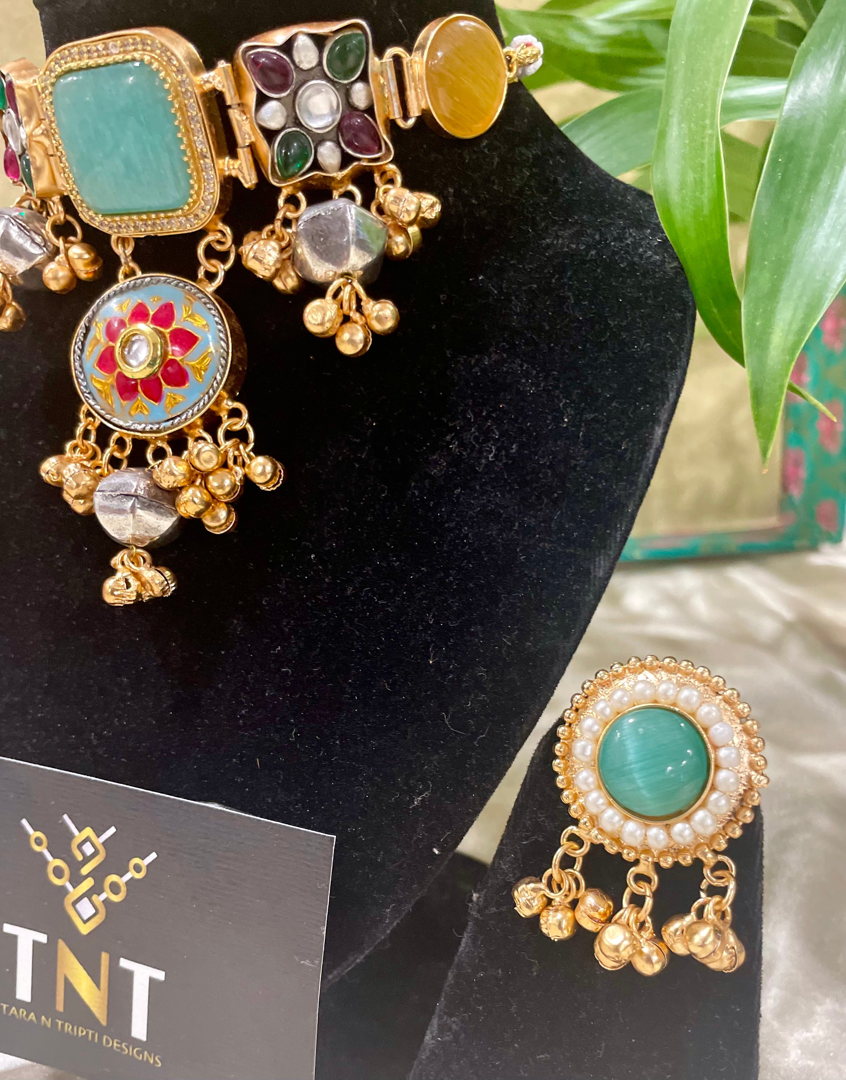 Kashmiri brass choker with earrings- Mint green