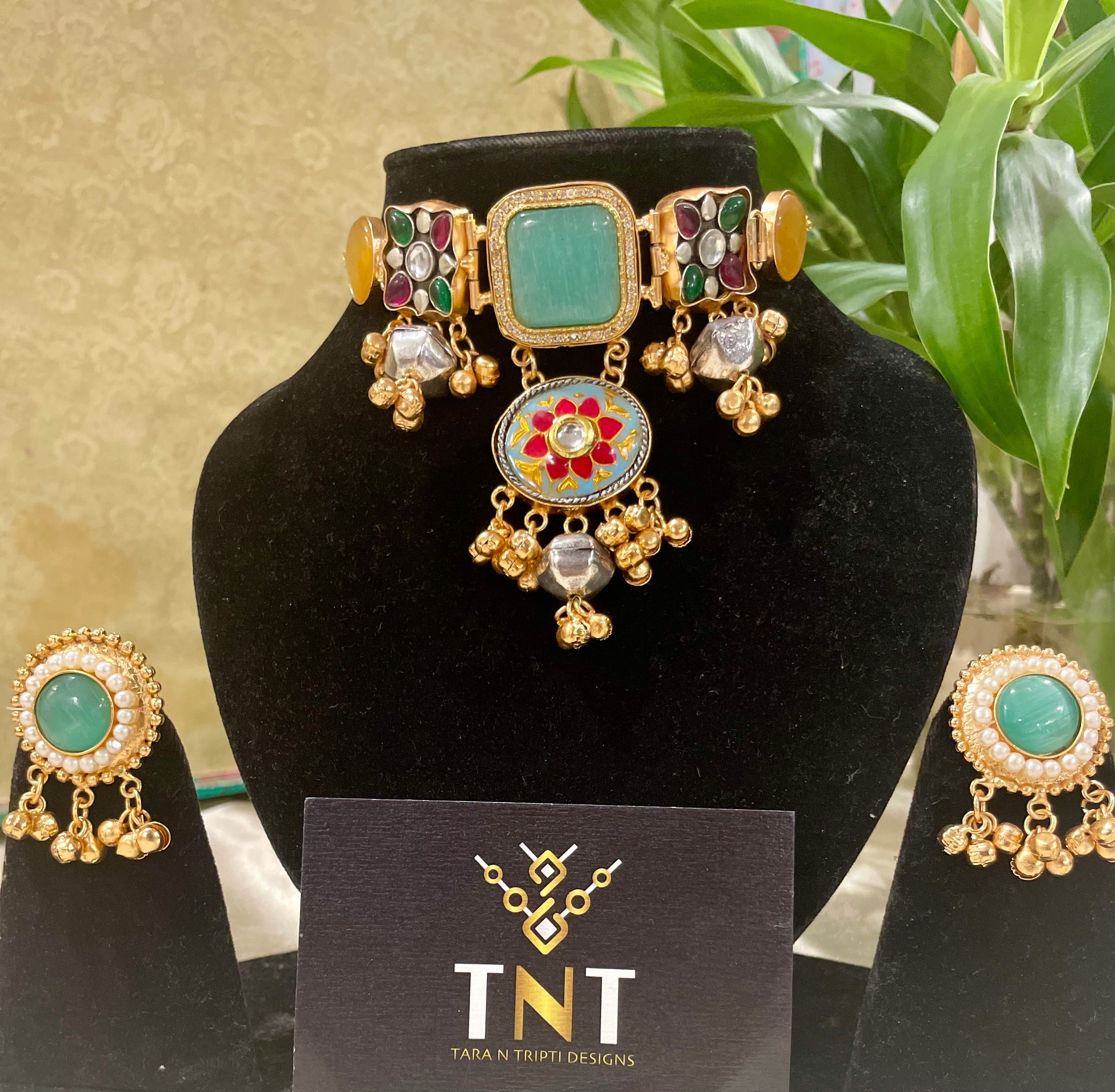 Kashmiri brass choker with earrings- Mint green