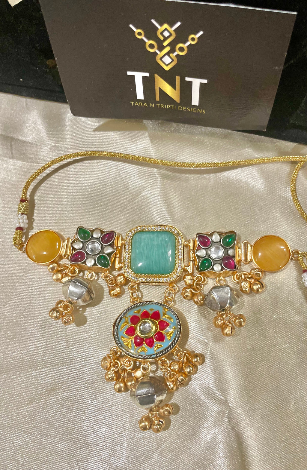 Kashmiri brass choker with earrings- Mint green