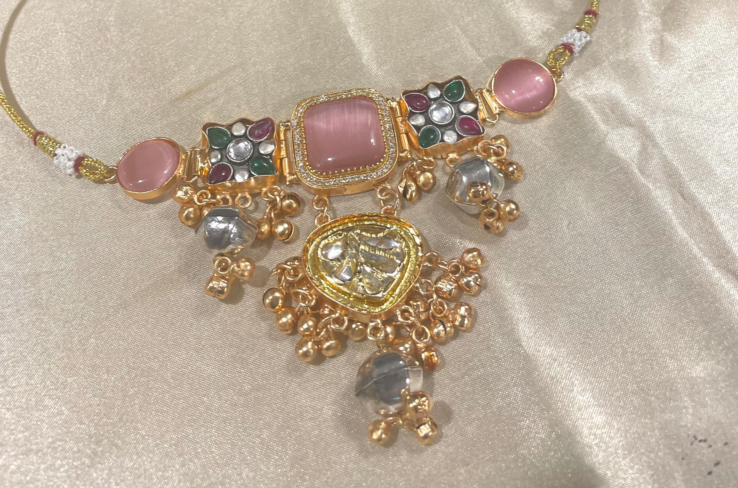 Kashmiri brass choker with earrings - Light pink