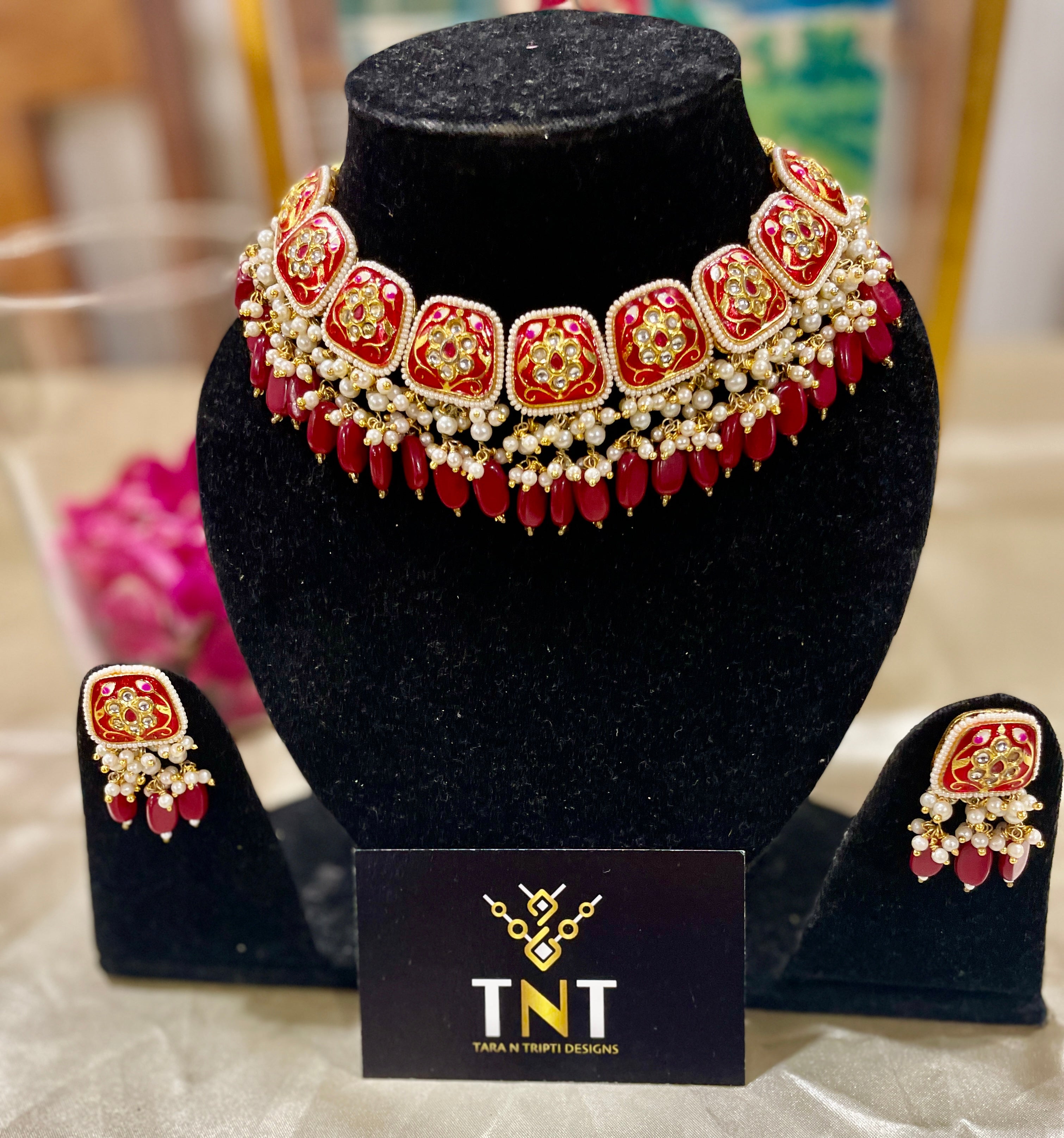 Maryam red choker set with meena work