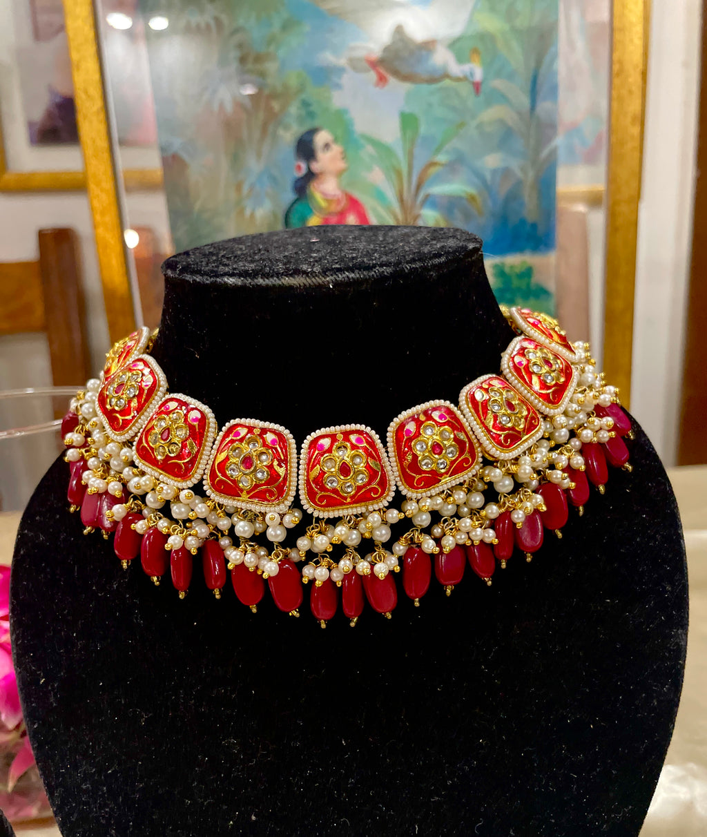 Maryam red choker set with meena work