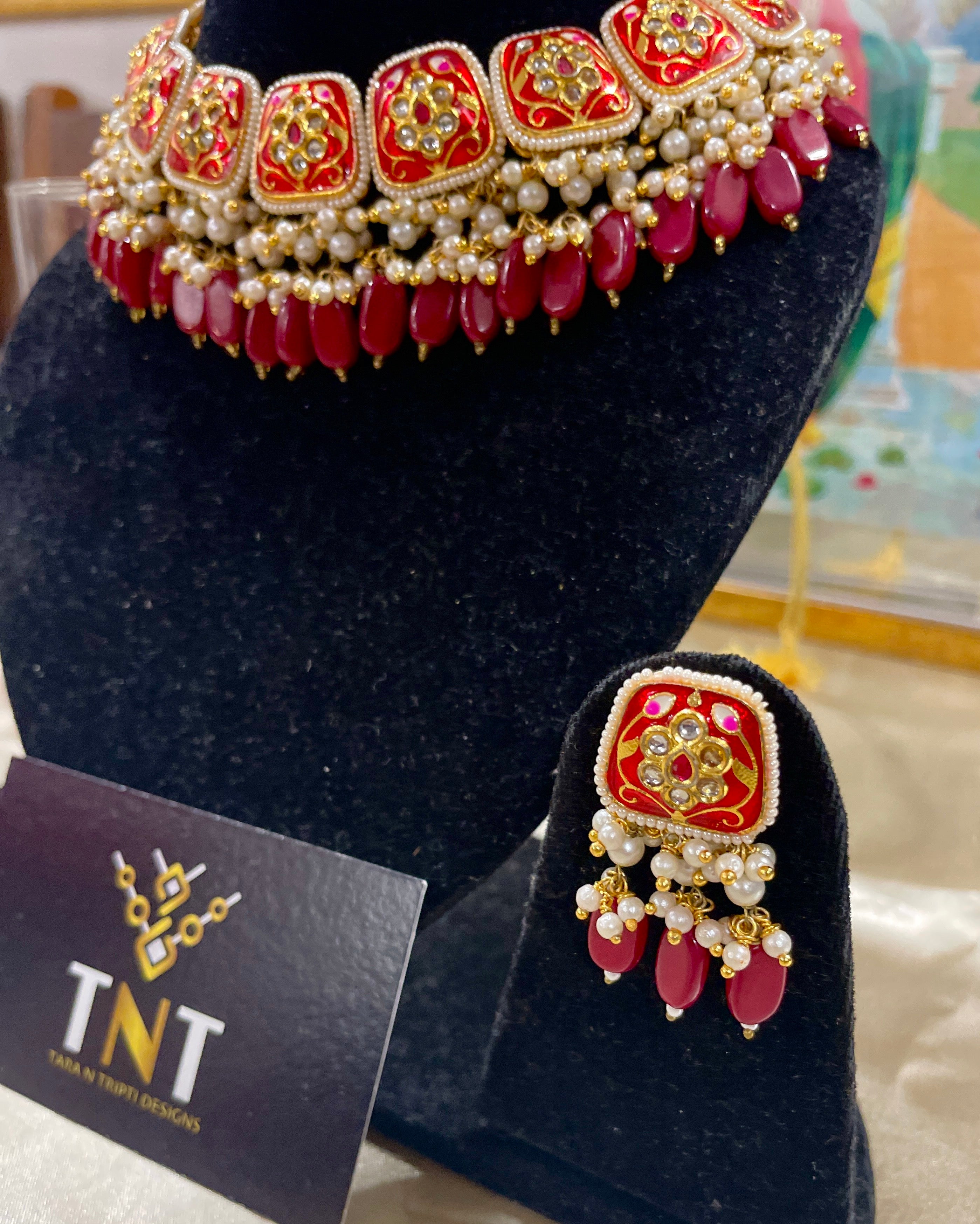 Maryam red choker set with meena work