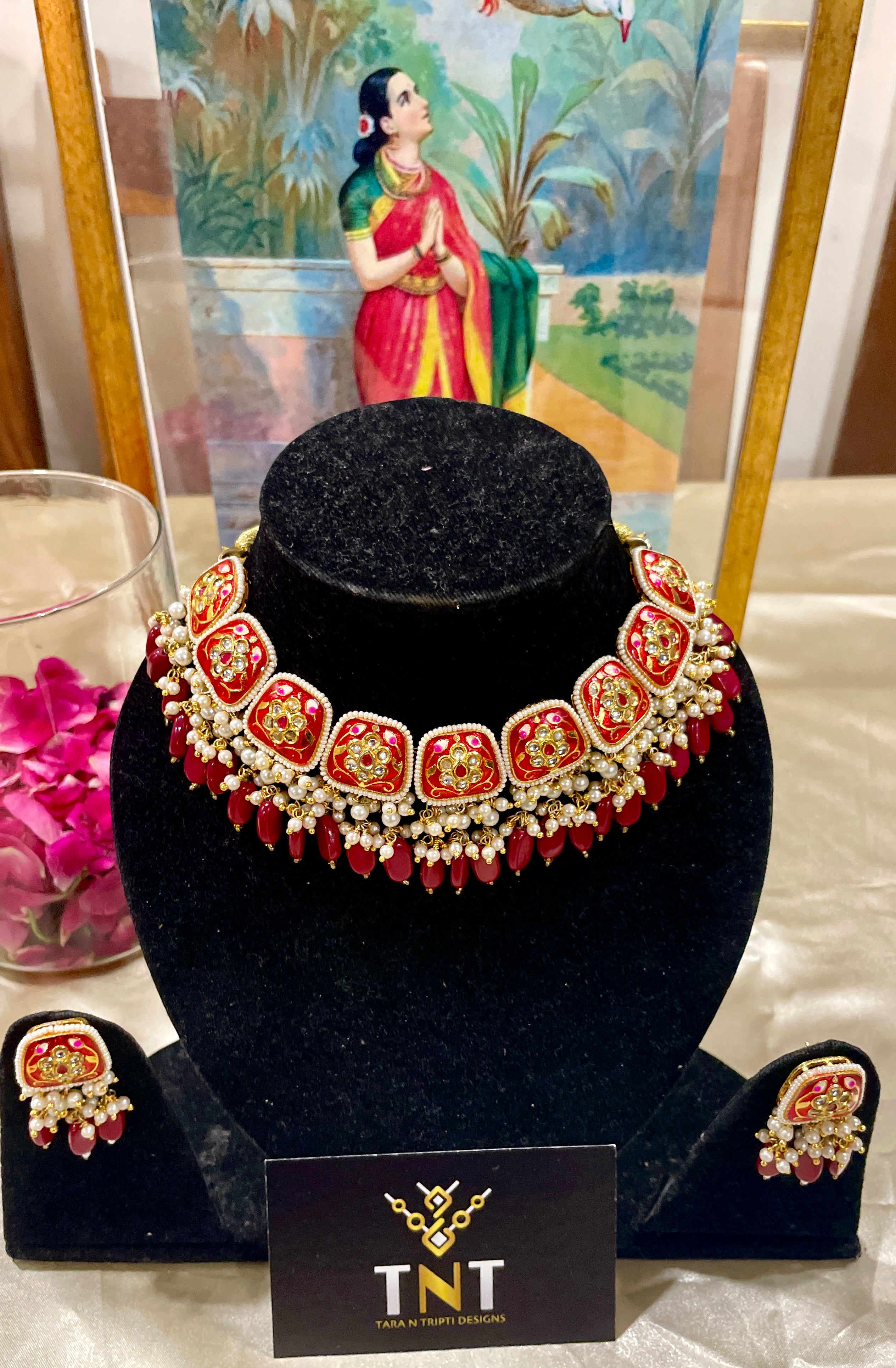 Maryam red choker set with meena work