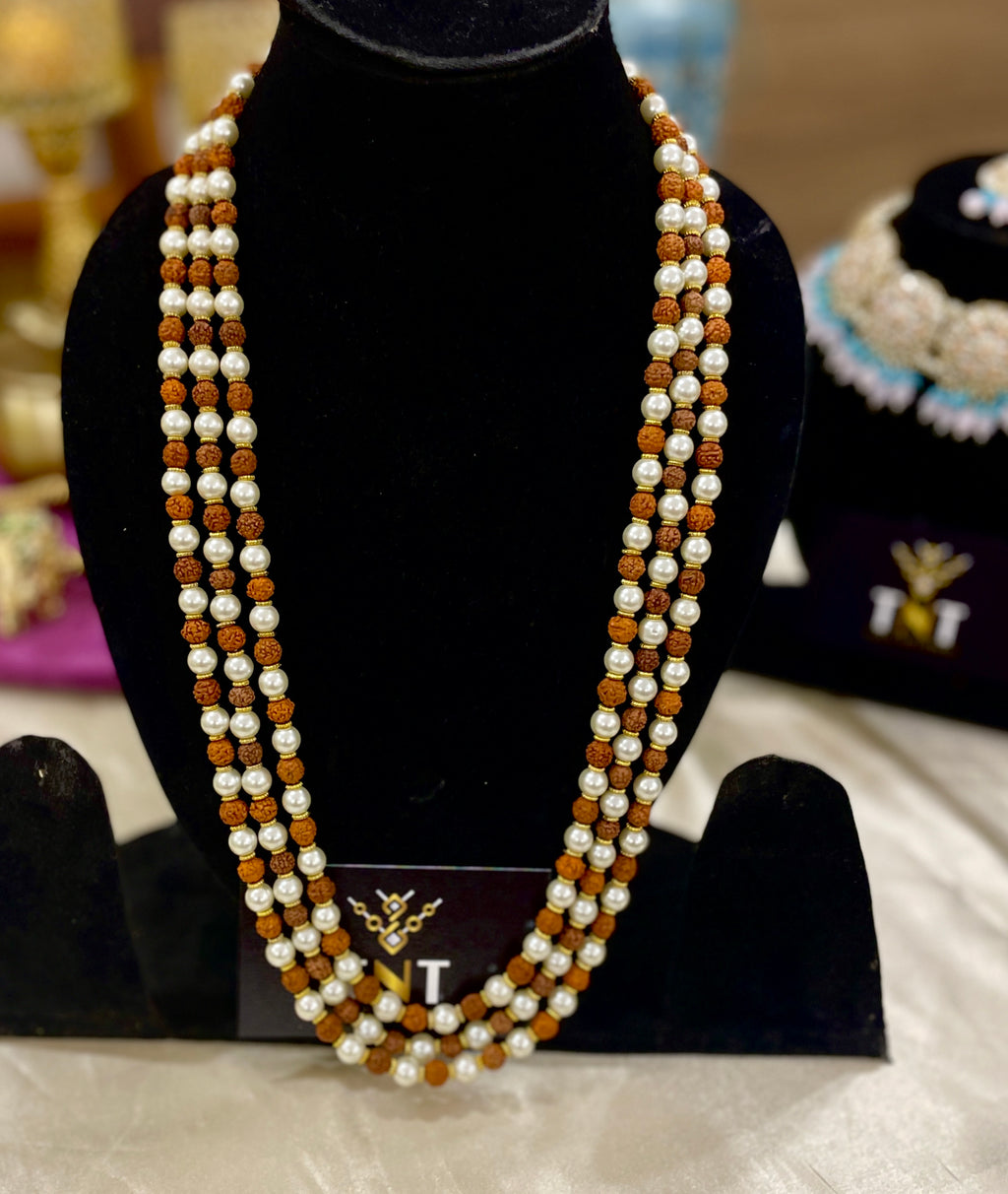 Rudraksh and pearl long neckline in three layers