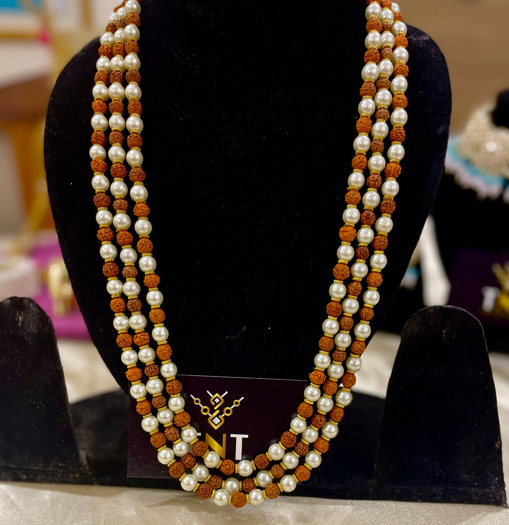 Rudraksh and pearl long neckline in three layers