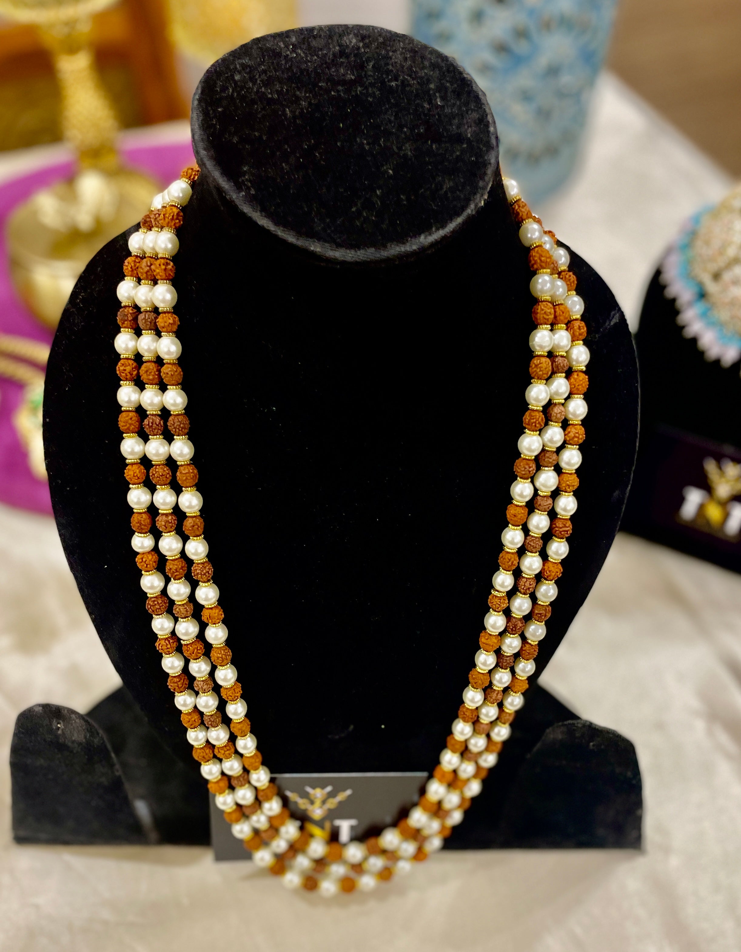 Rudraksh and pearl long neckline in three layers
