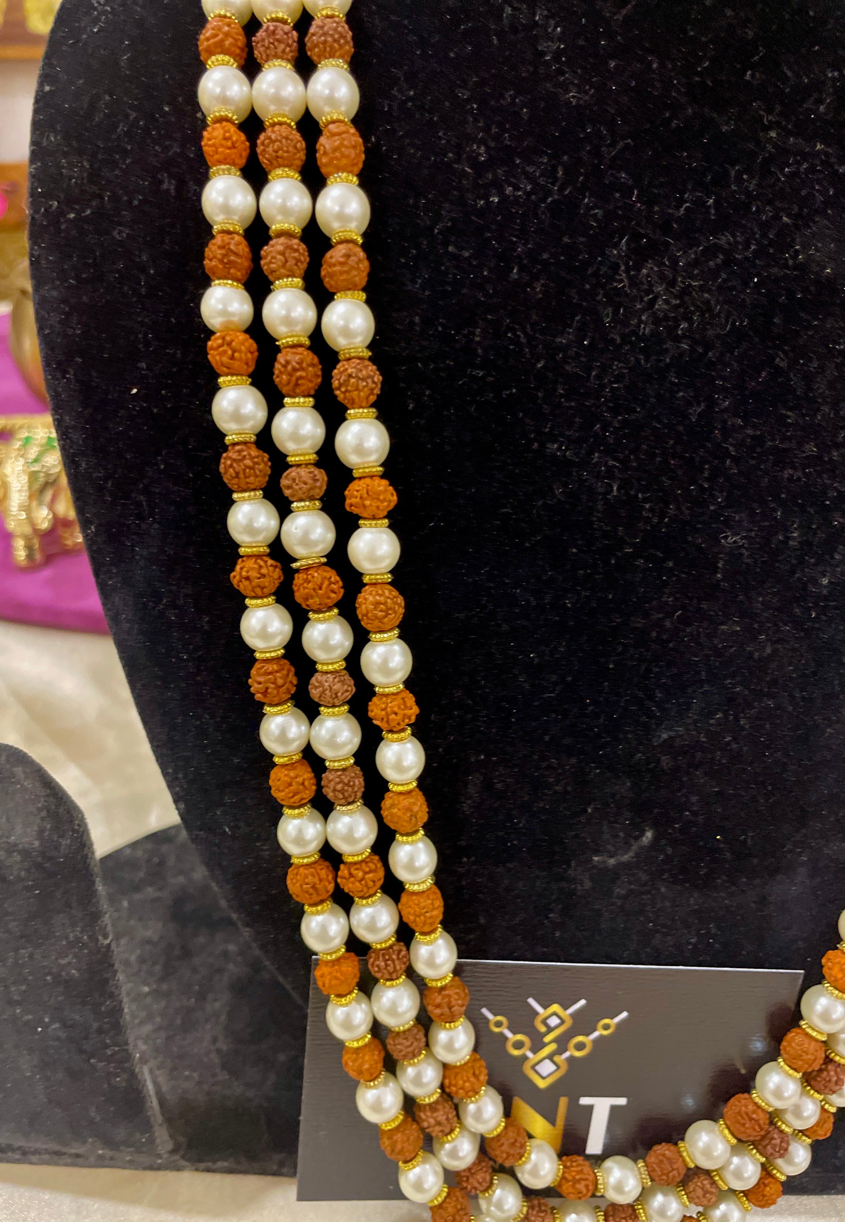 Rudraksh and pearl long neckline in three layers