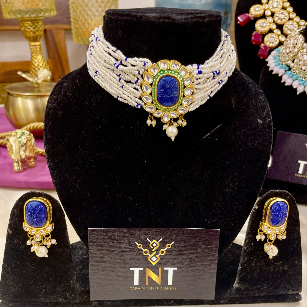 Beena pearl choker set - Blue