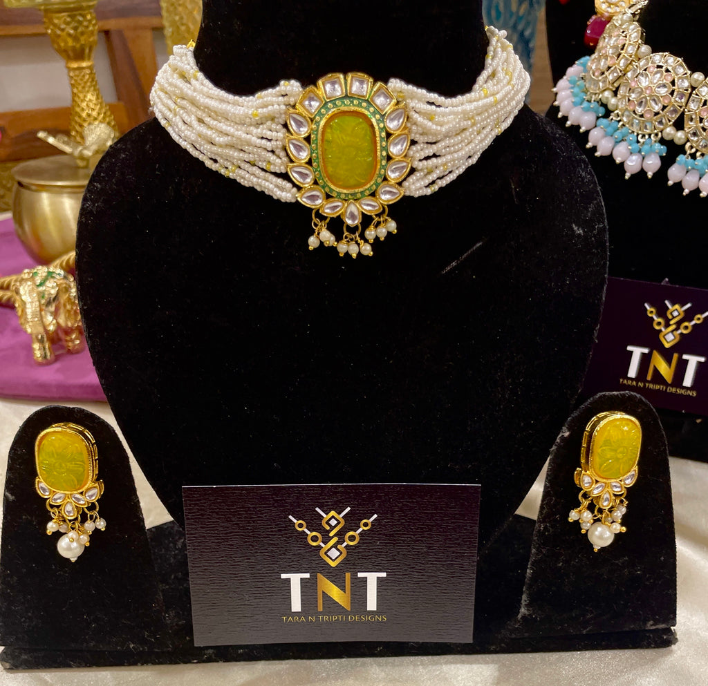 Chandni pearl choker set with yellow centre stone