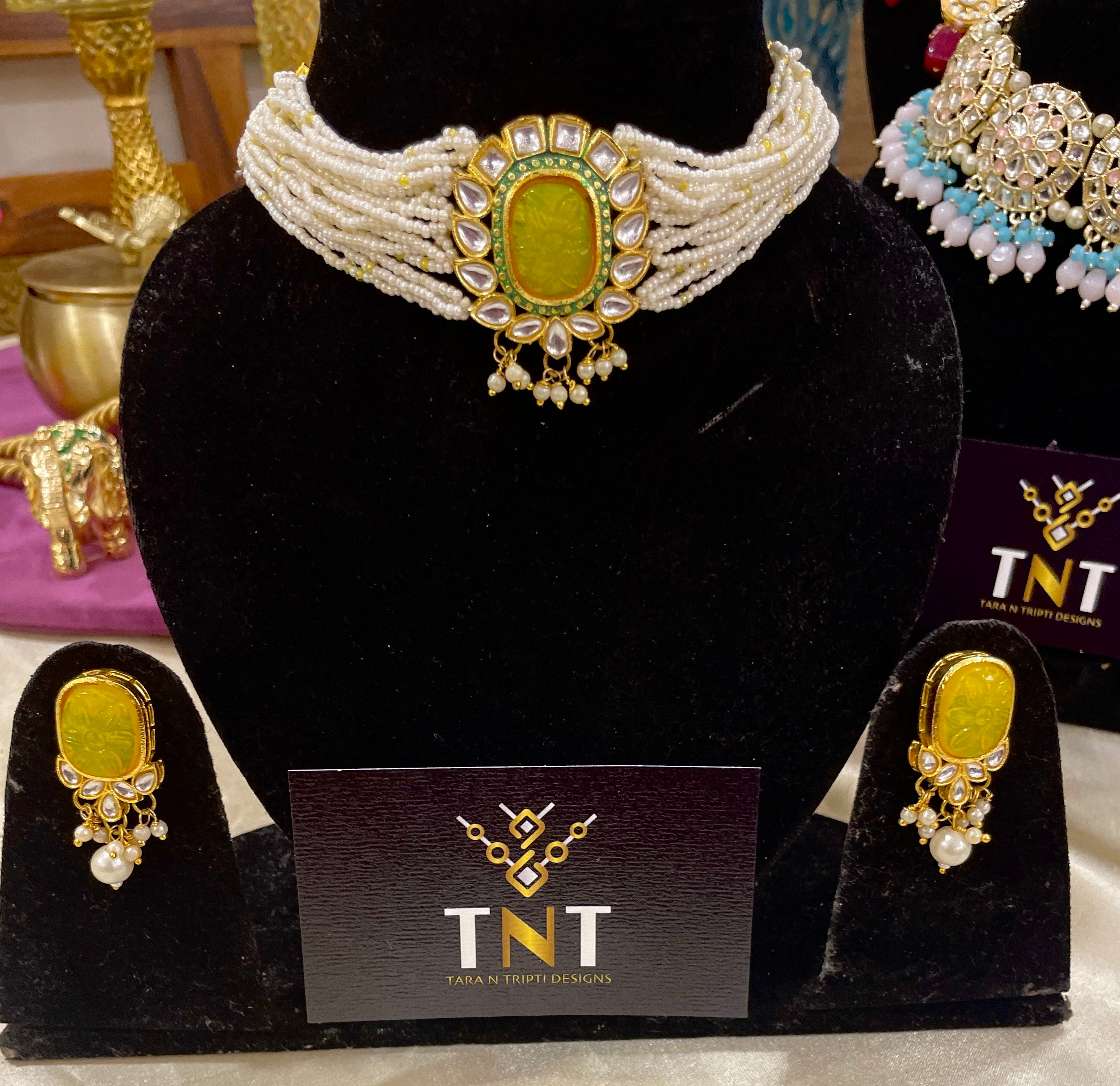 Chandni pearl choker set with yellow centre stone