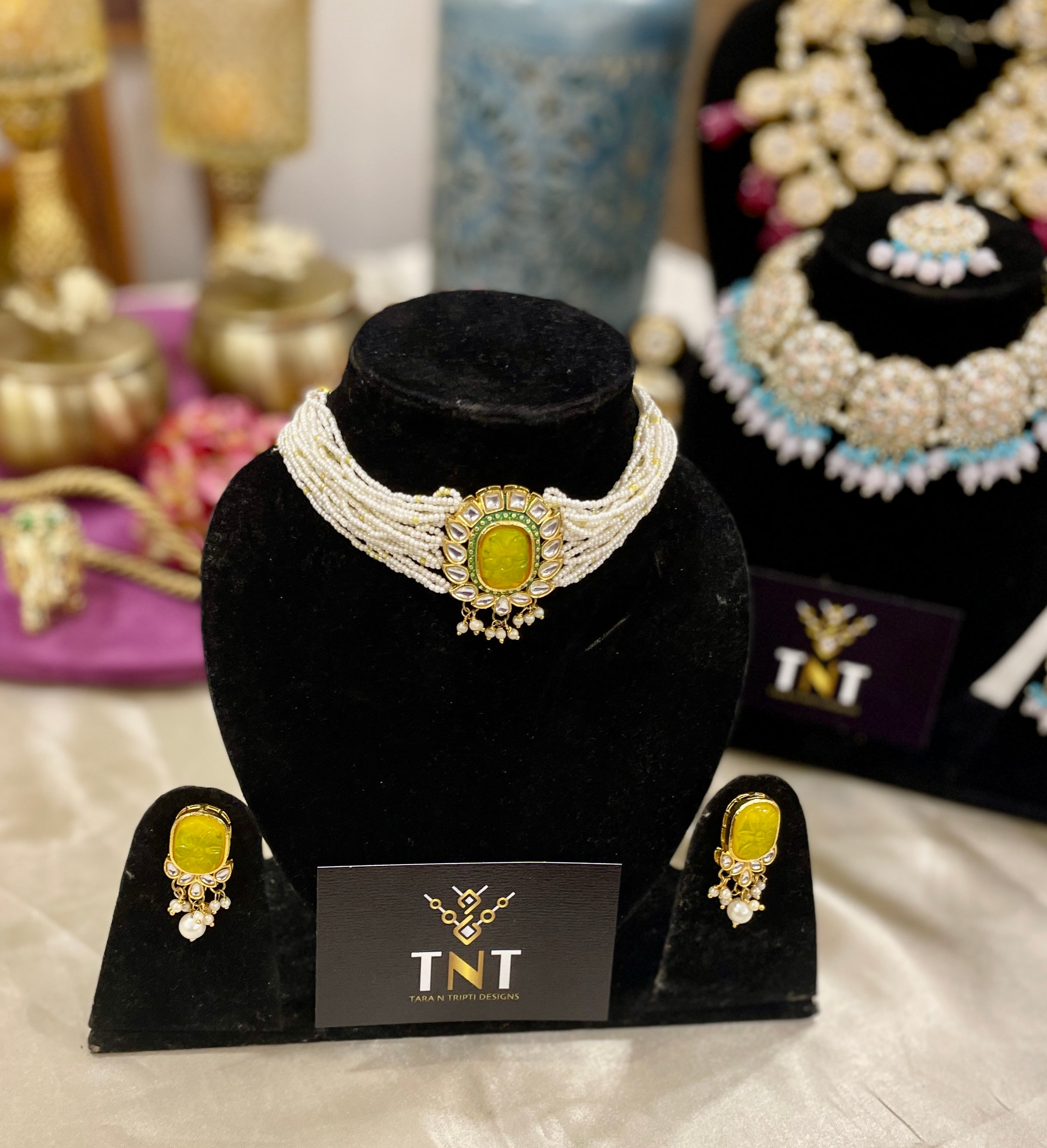 Chandni pearl choker set with yellow centre stone