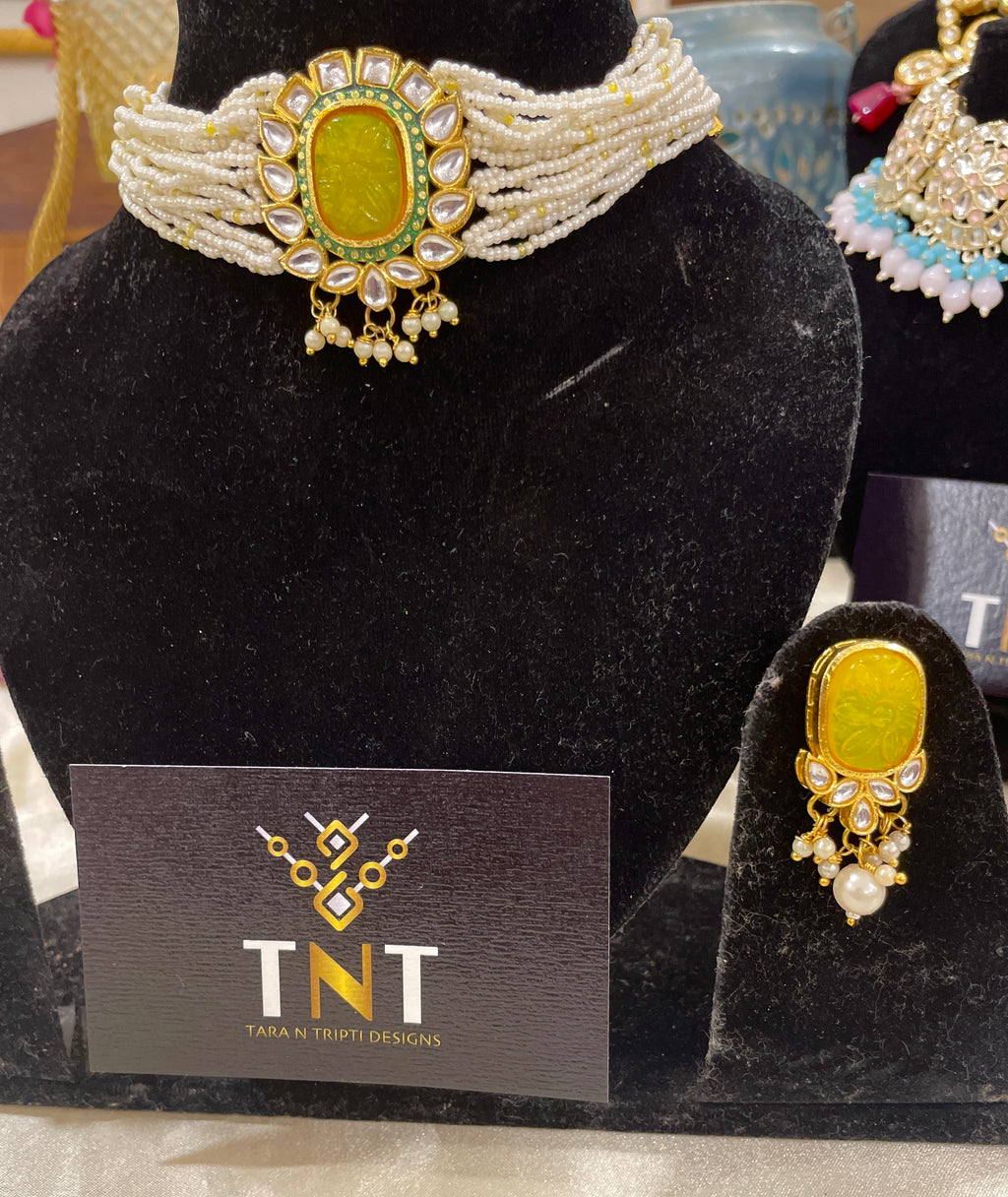 Chandni pearl choker set with yellow centre stone