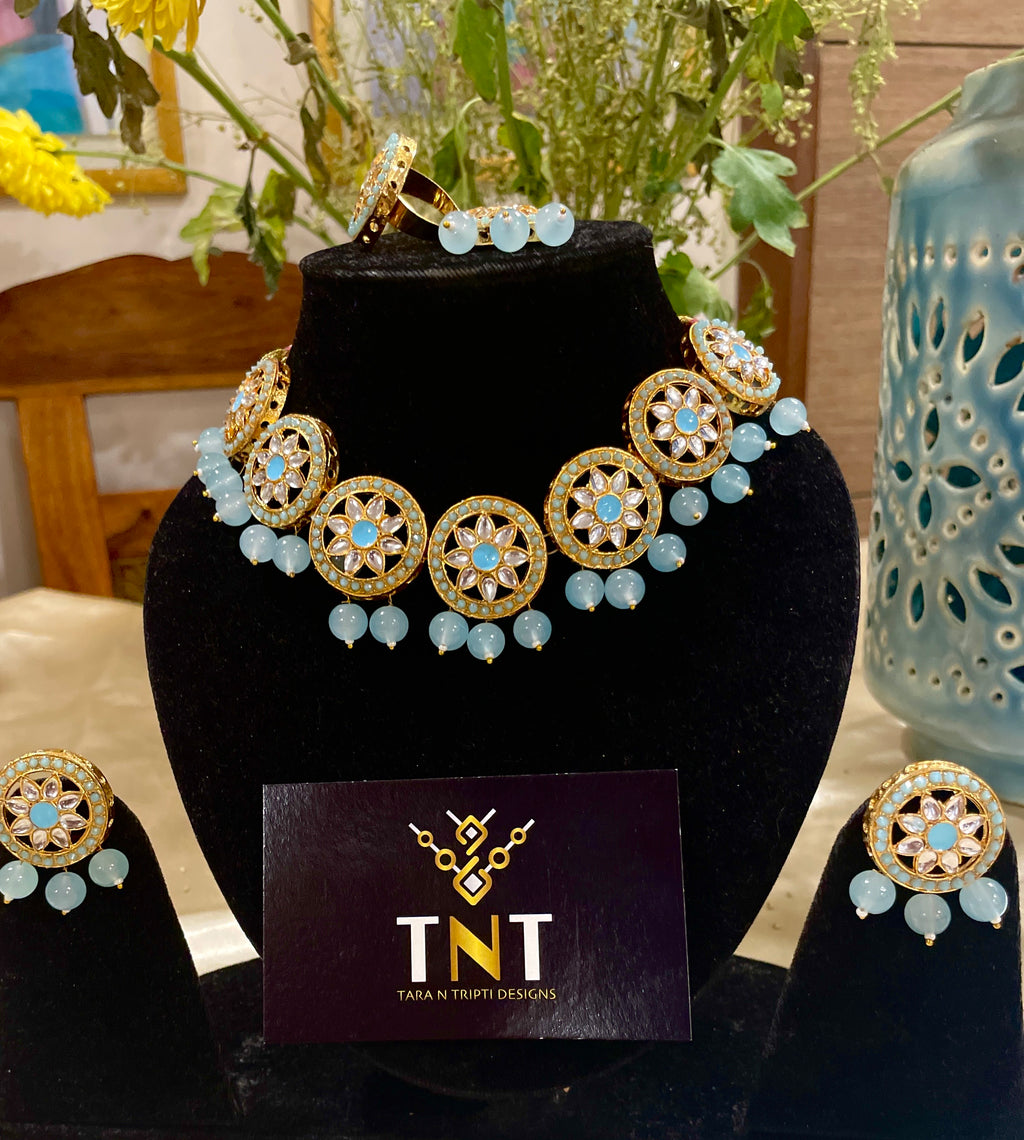 Nisha blue kundan choker set with teeka and ring