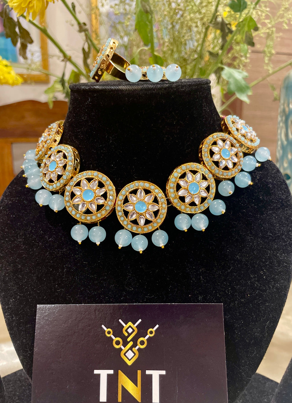 Nisha blue kundan choker set with teeka and ring