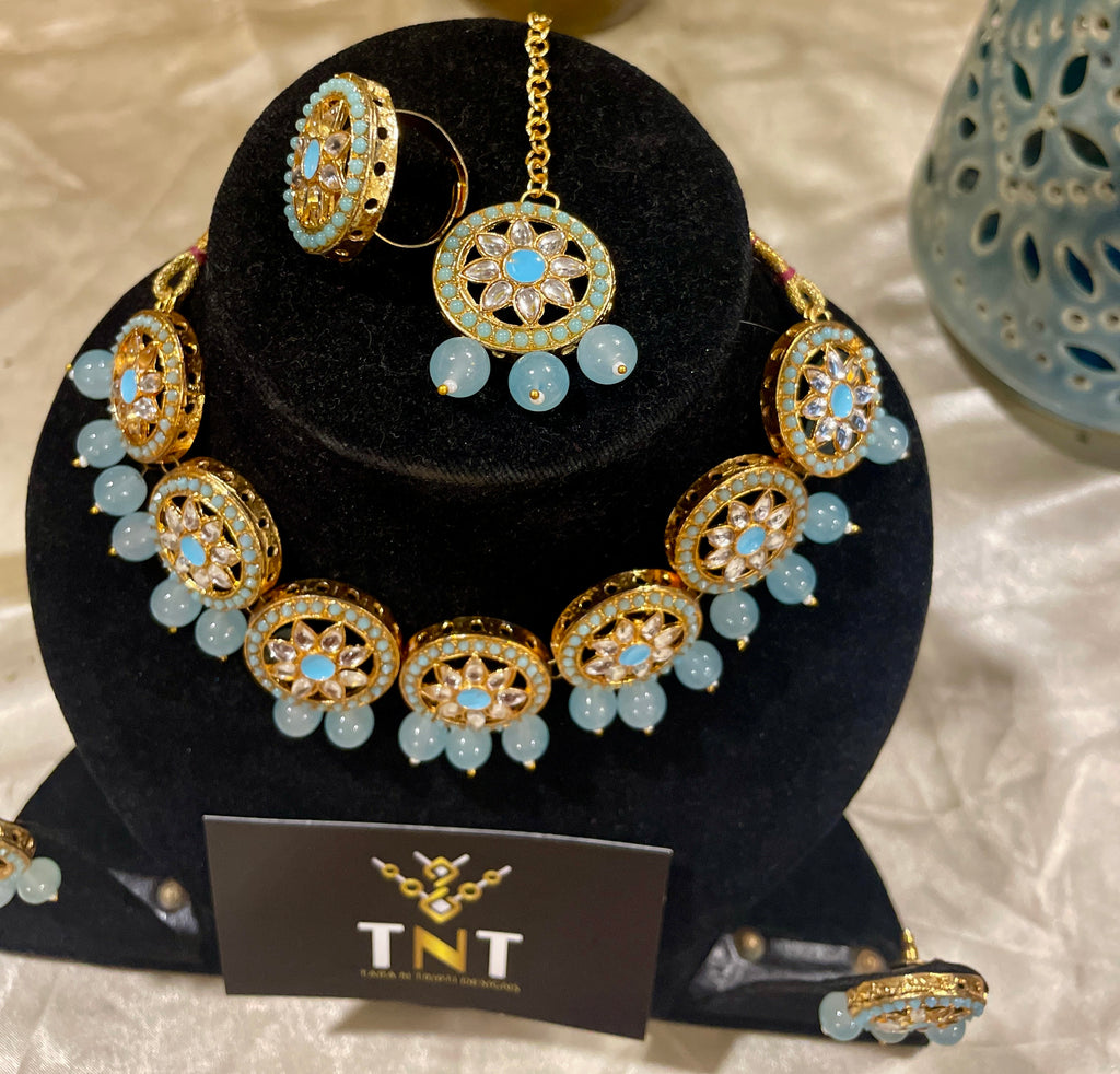 Nisha blue kundan choker set with teeka and ring