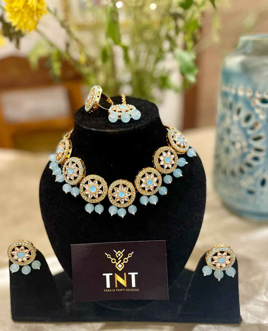 Nisha blue kundan choker set with teeka and ring