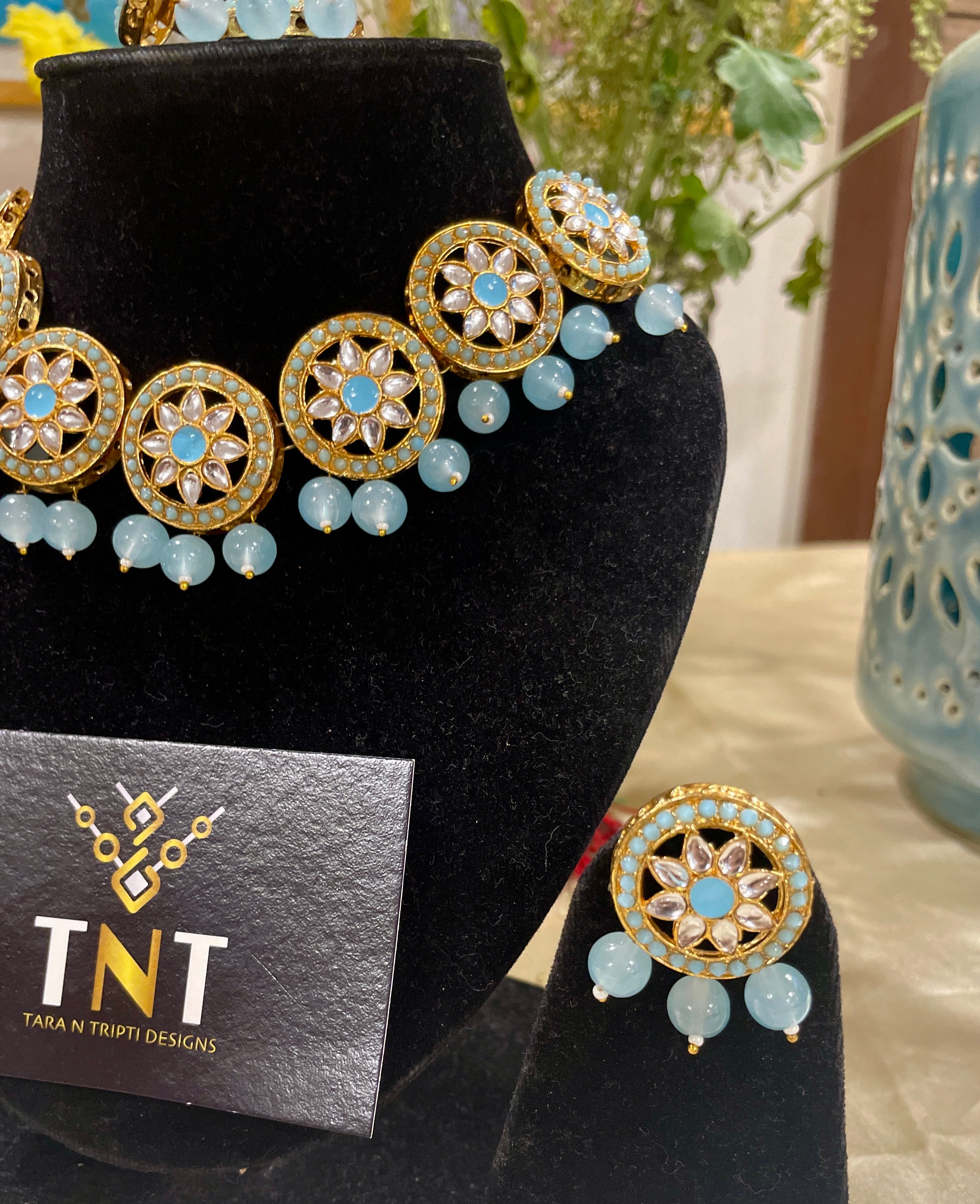 Nisha blue kundan choker set with teeka and ring