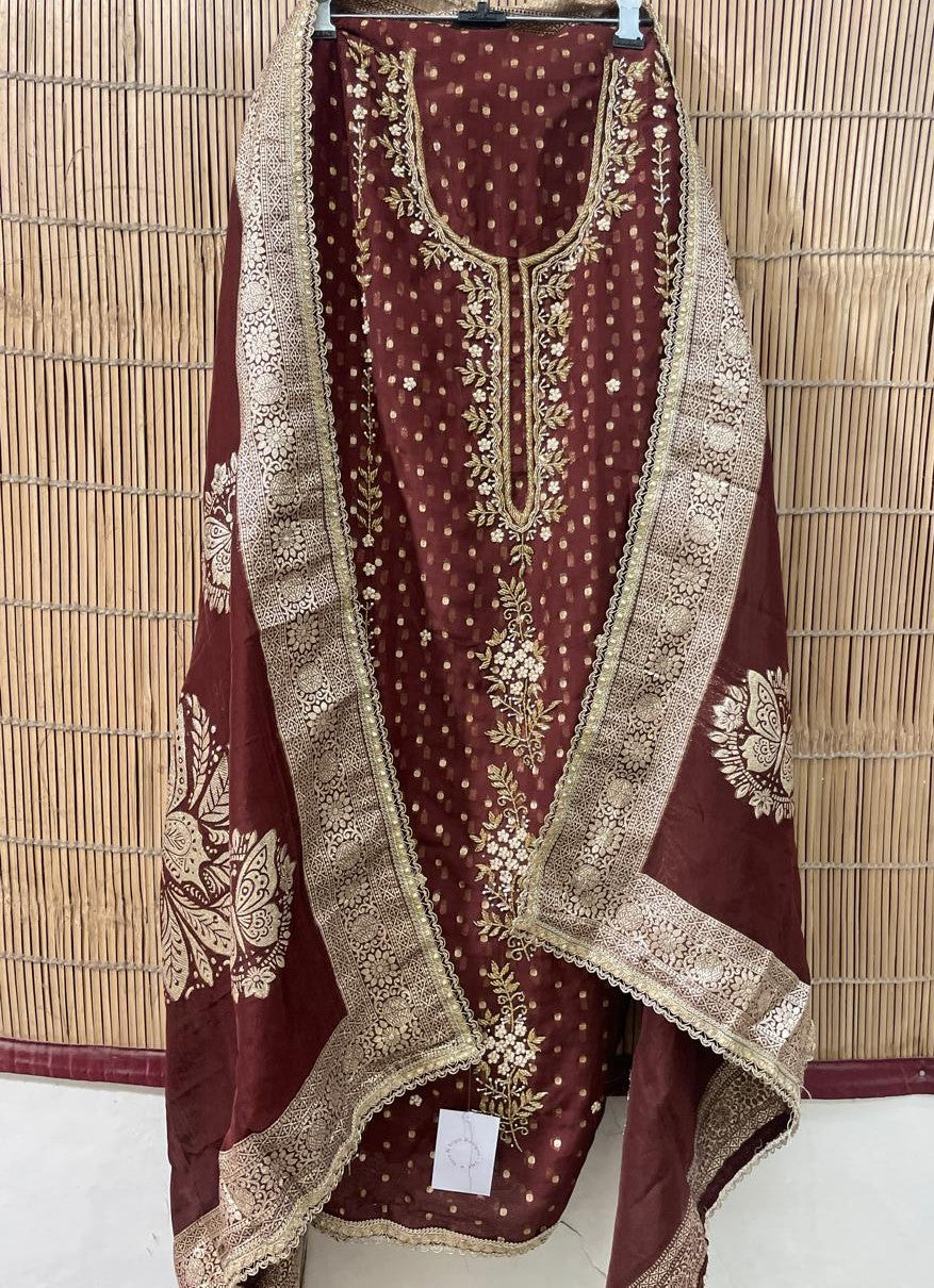 Brown Silk Georgette Embroidered Suit Set