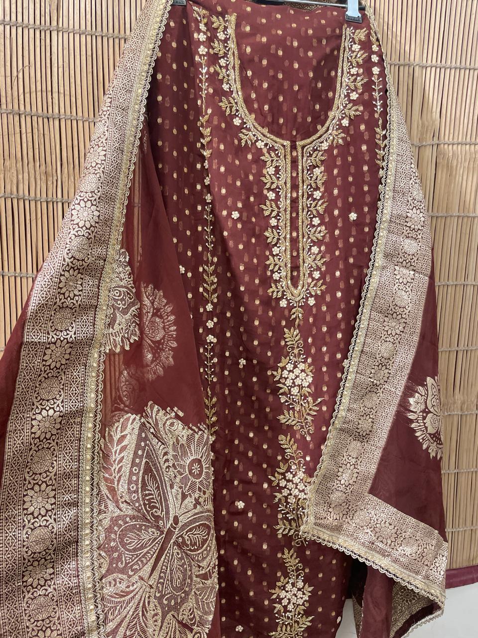 Brown Silk Georgette Embroidered Suit Set