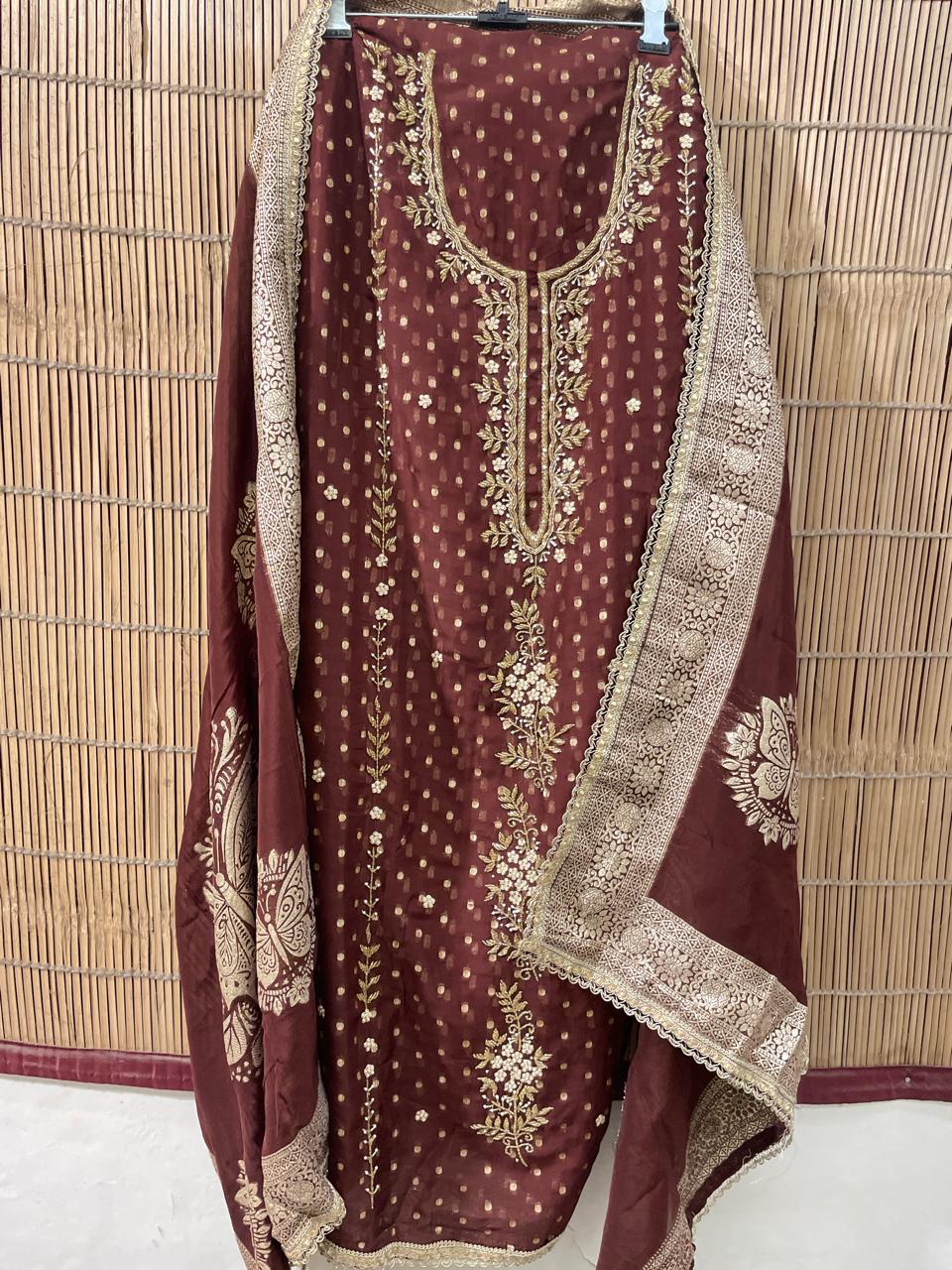 Brown Silk Georgette Embroidered Suit Set