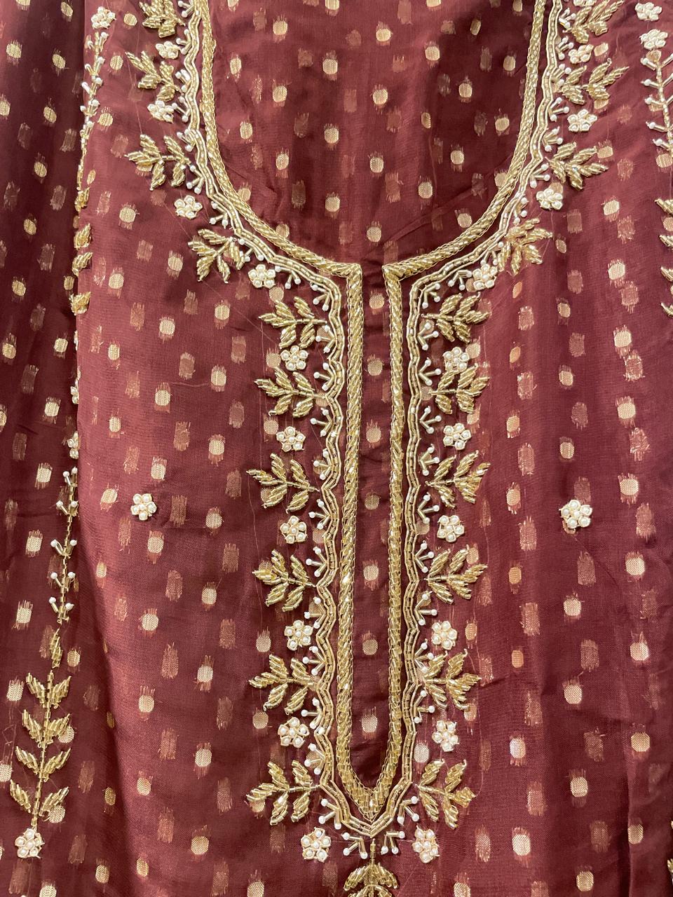 Brown Silk Georgette Embroidered Suit Set