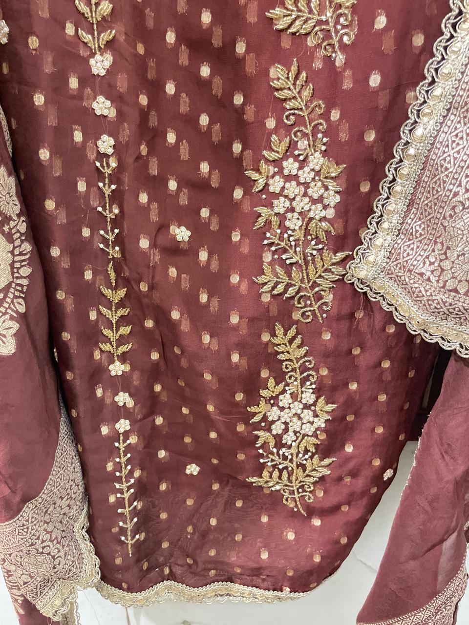 Brown Silk Georgette Embroidered Suit Set
