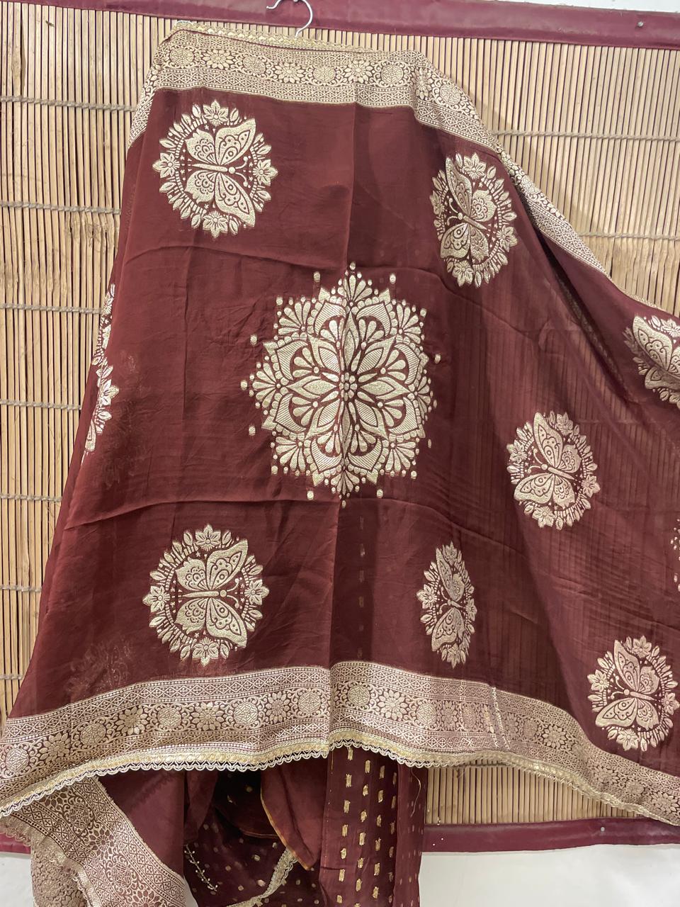 Brown Silk Georgette Embroidered Suit Set